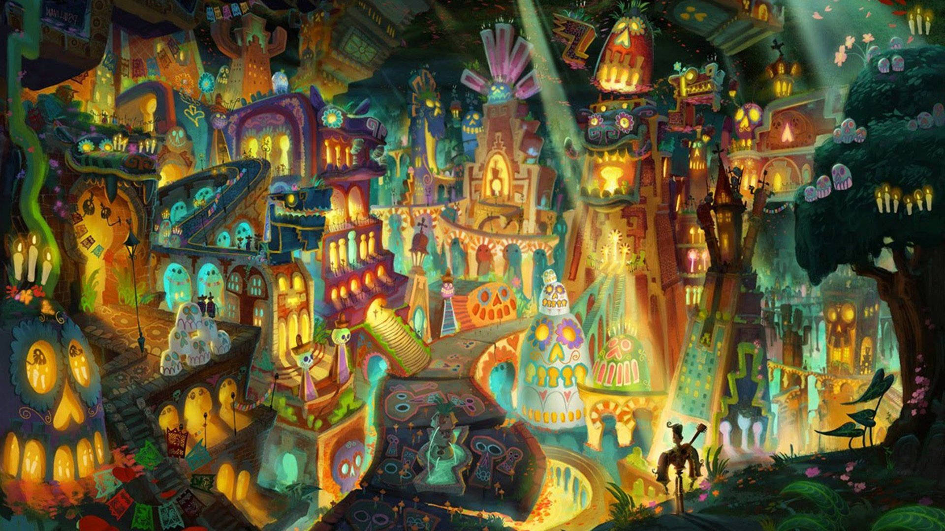 Chicano, whimsical fantasy city, colossal tree, Full HD Desktop Wallpaper