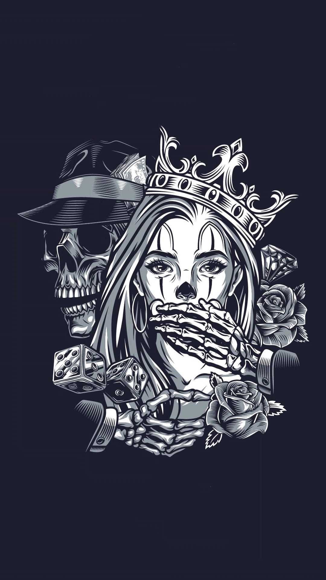 Chicano style, crowned skeletal woman, roses, Full HD Phone Wallpaper