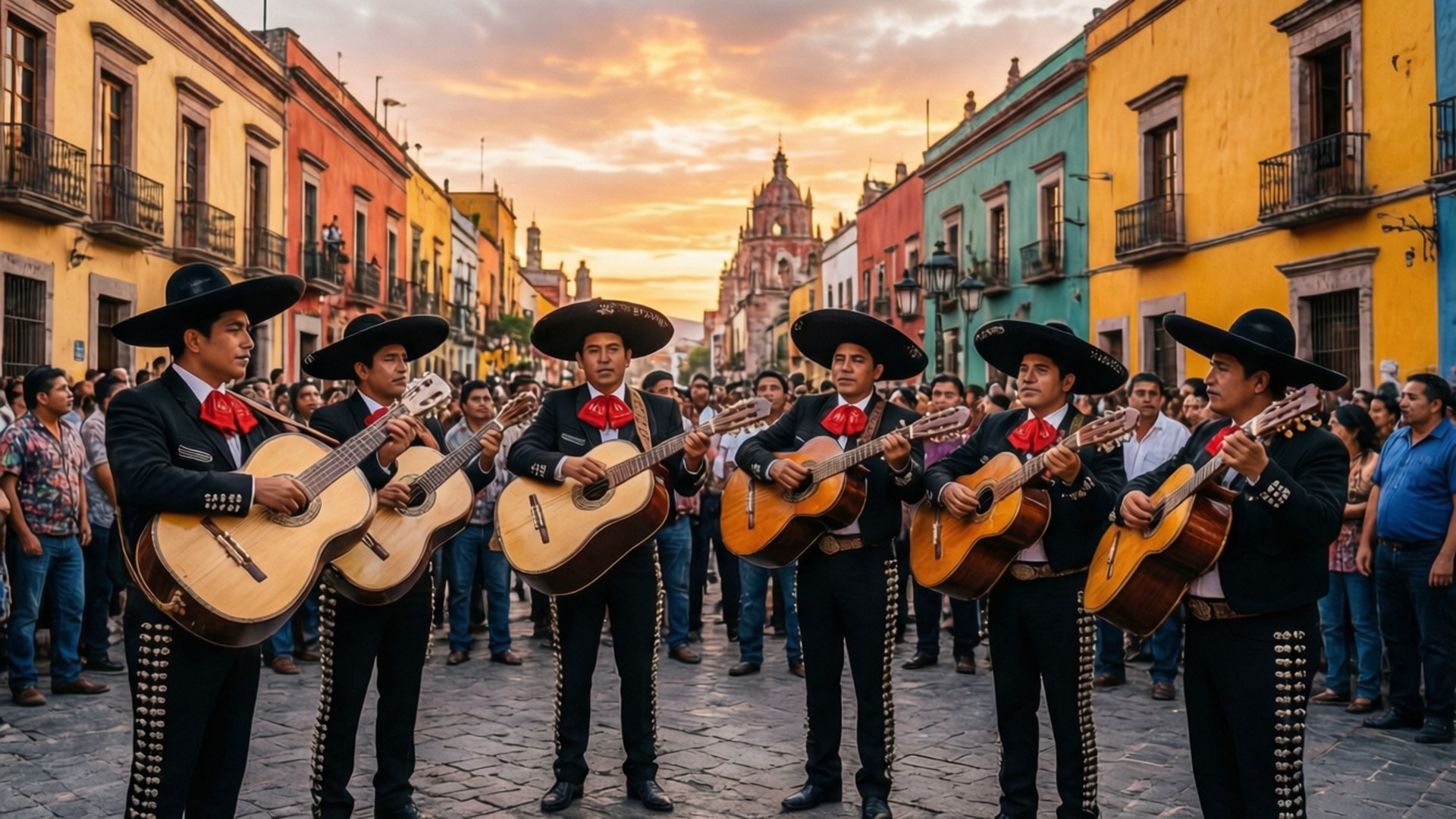 mariachi band, cobblestone street, colorful colonial buildings, Full HD Desktop Wallpaper