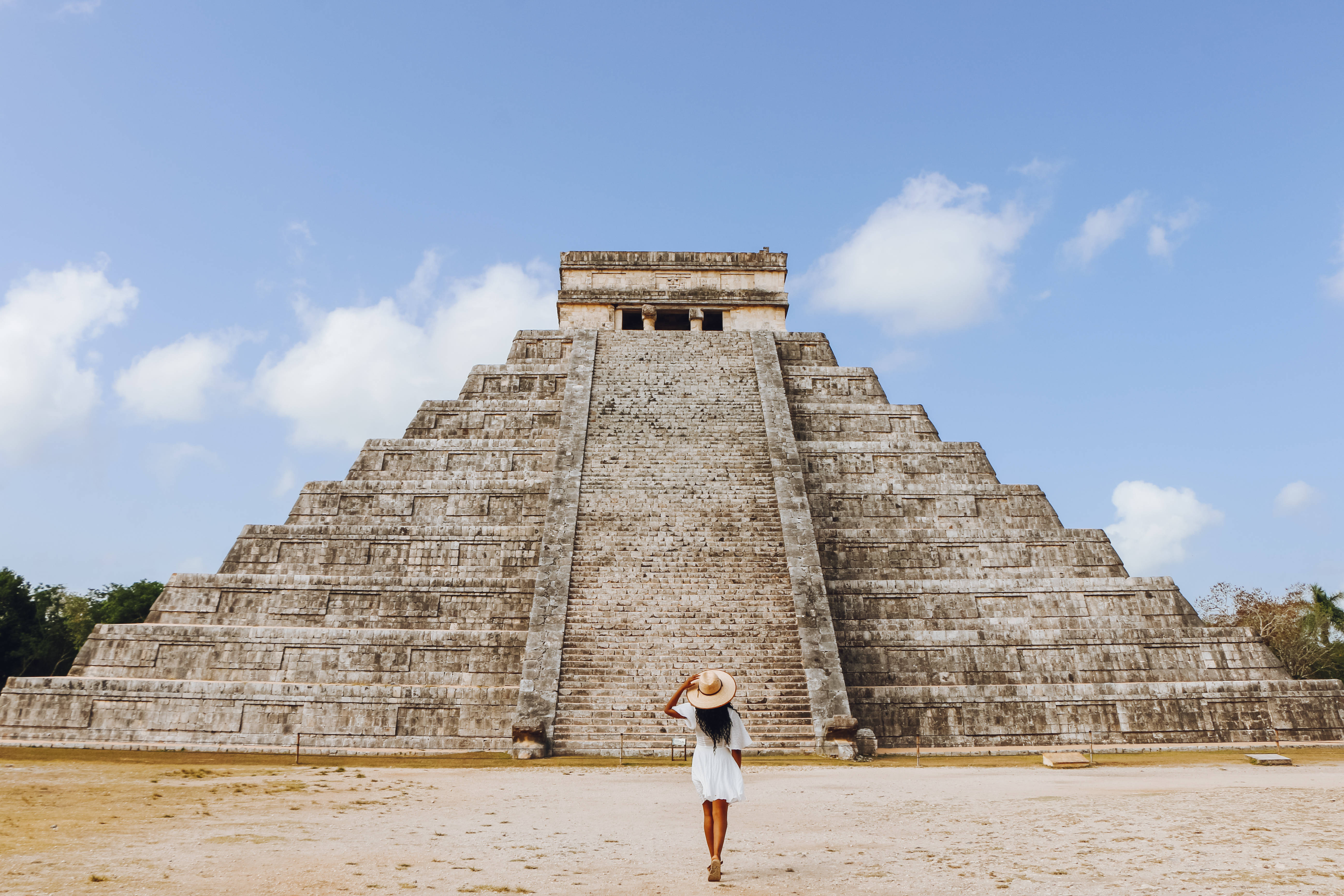 Chichen Itza, pyramid, white dress, 5K Desktop Wallpaper