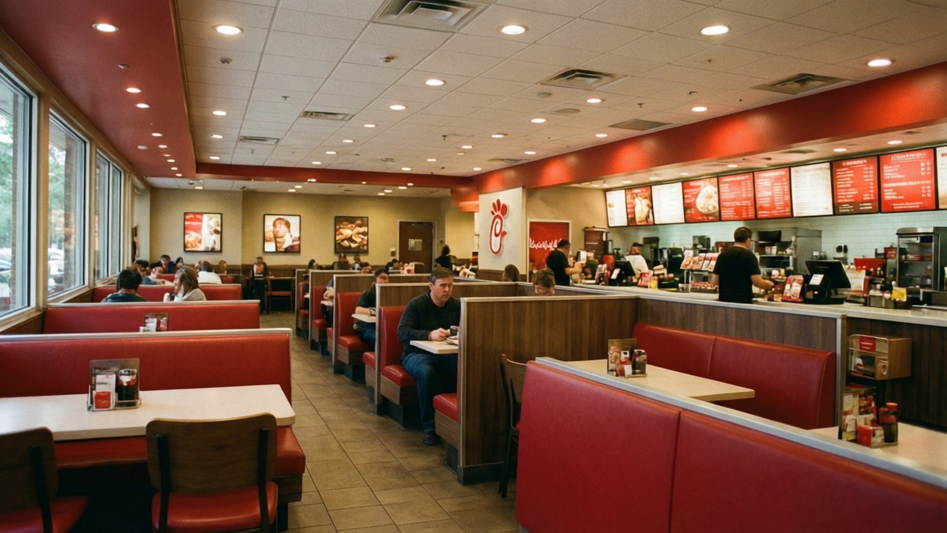 Chick-fil-A, red booths, customers dining, Full HD Desktop Wallpaper