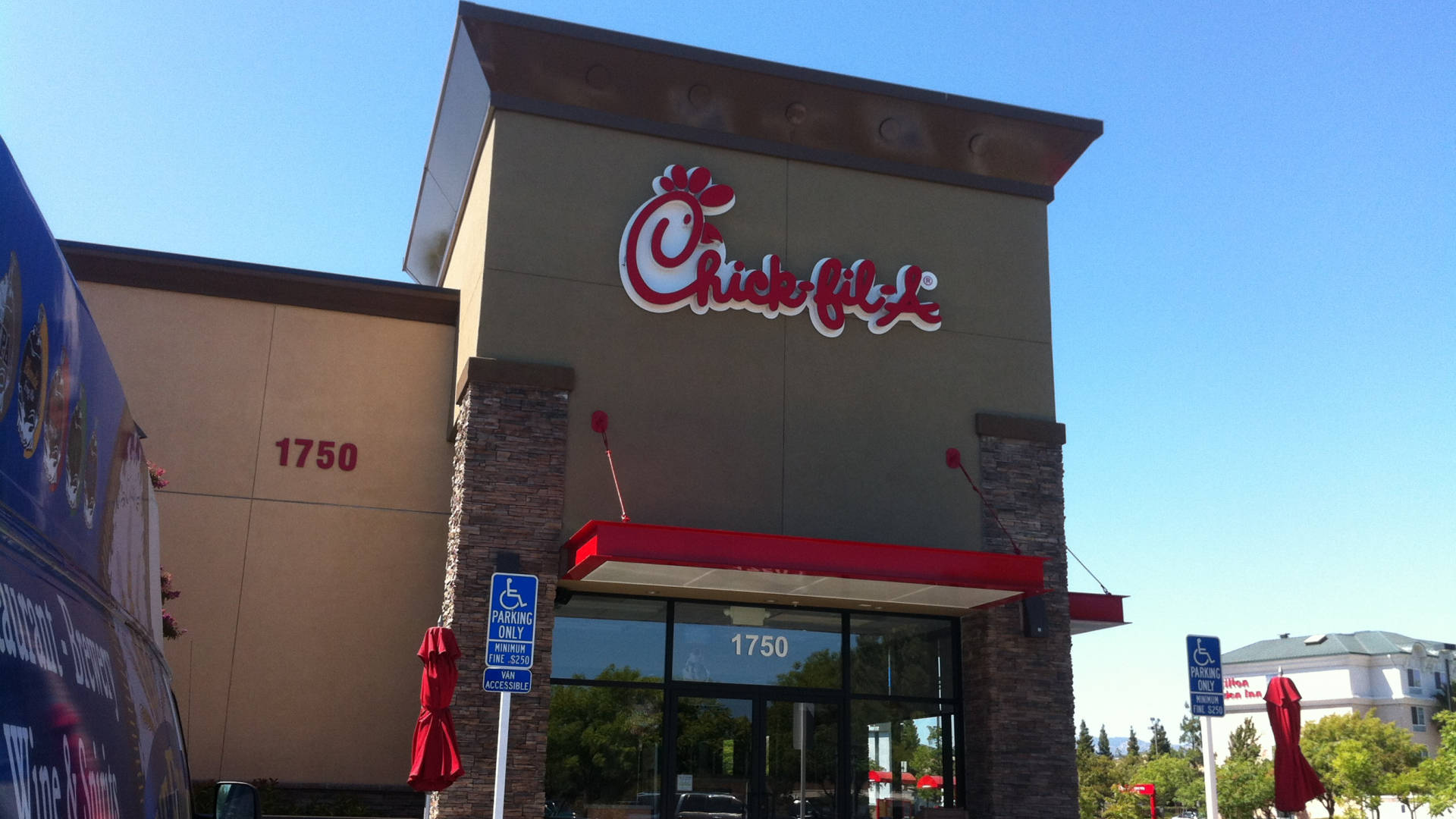 Chick-fil-A, red awnings, clear blue sky, Full HD Desktop Wallpaper
