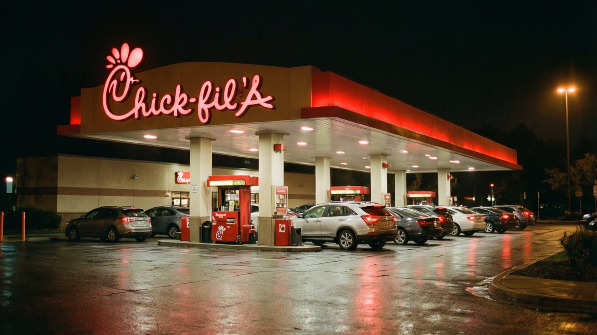 Chick-fil-A, glowing red neon signage, night, Full HD Desktop Wallpaper