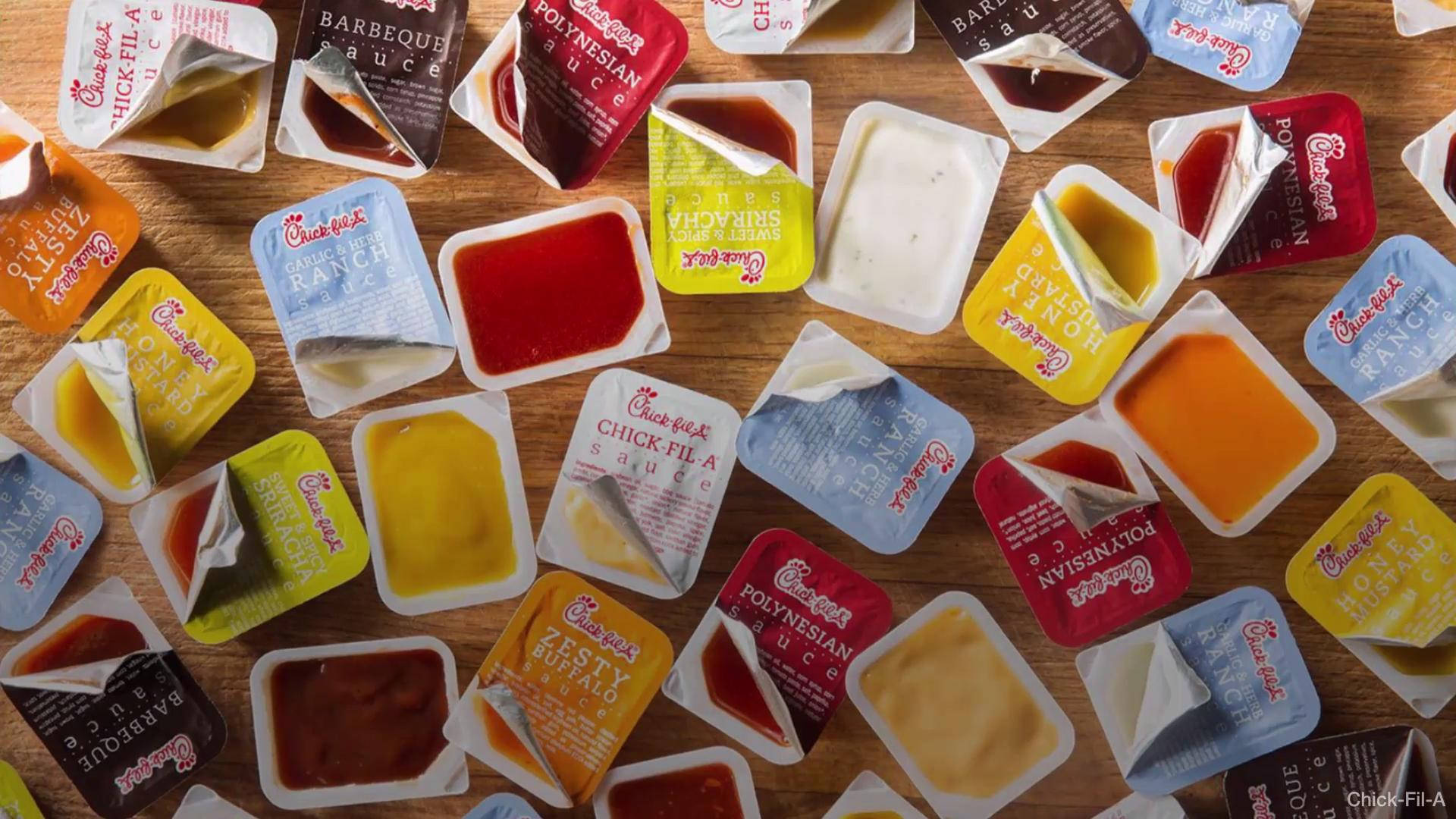 Chick-fil-A, sauce packets, wooden table, Full HD Desktop Wallpaper