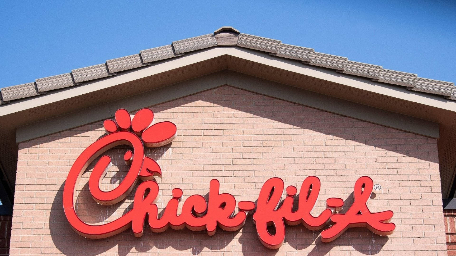 Chick-fil-A, red logo, brick building, Full HD Desktop Wallpaper