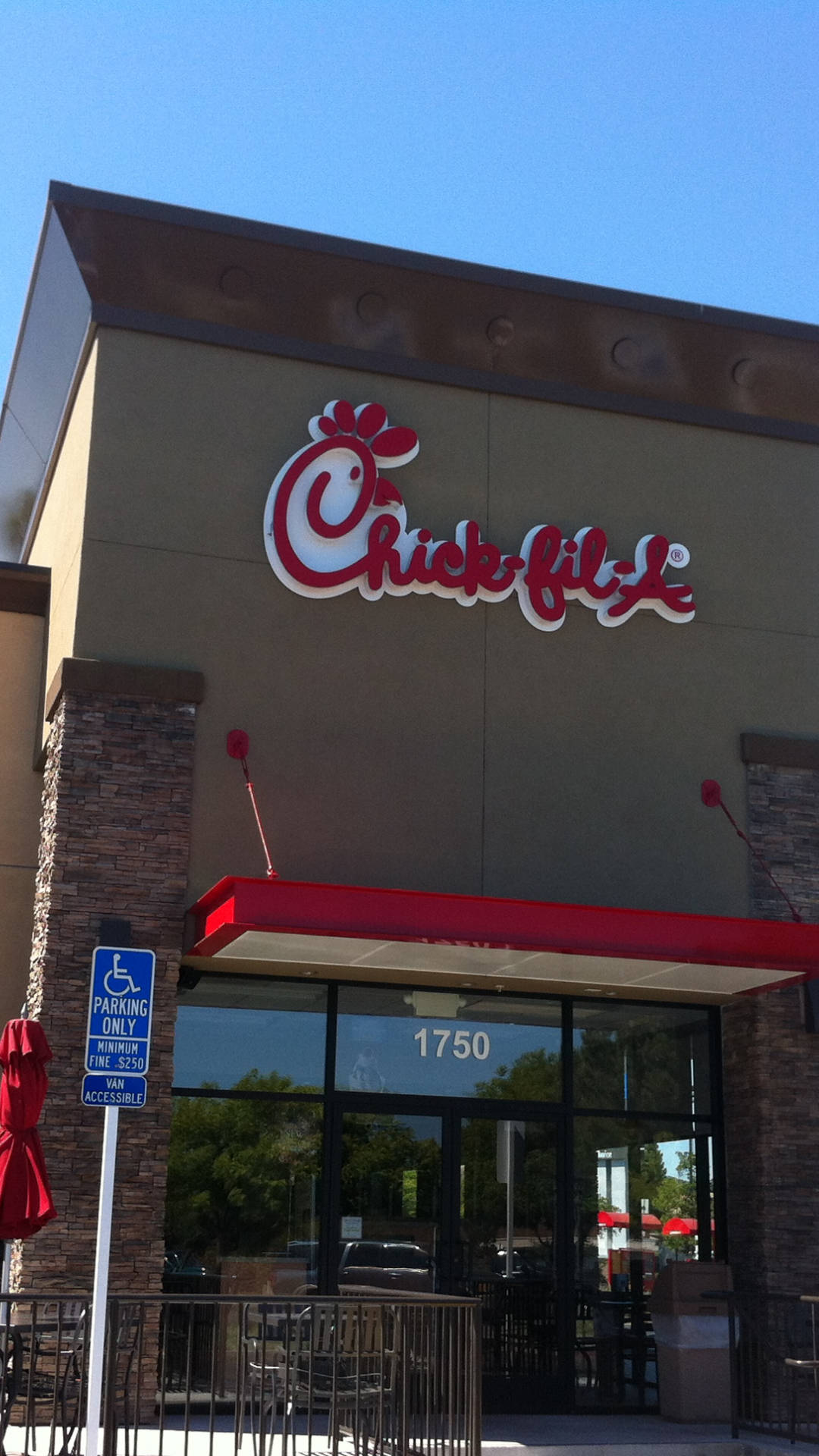 Chick-fil-A, red awning, handicap parking sign, Full HD Phone Wallpaper