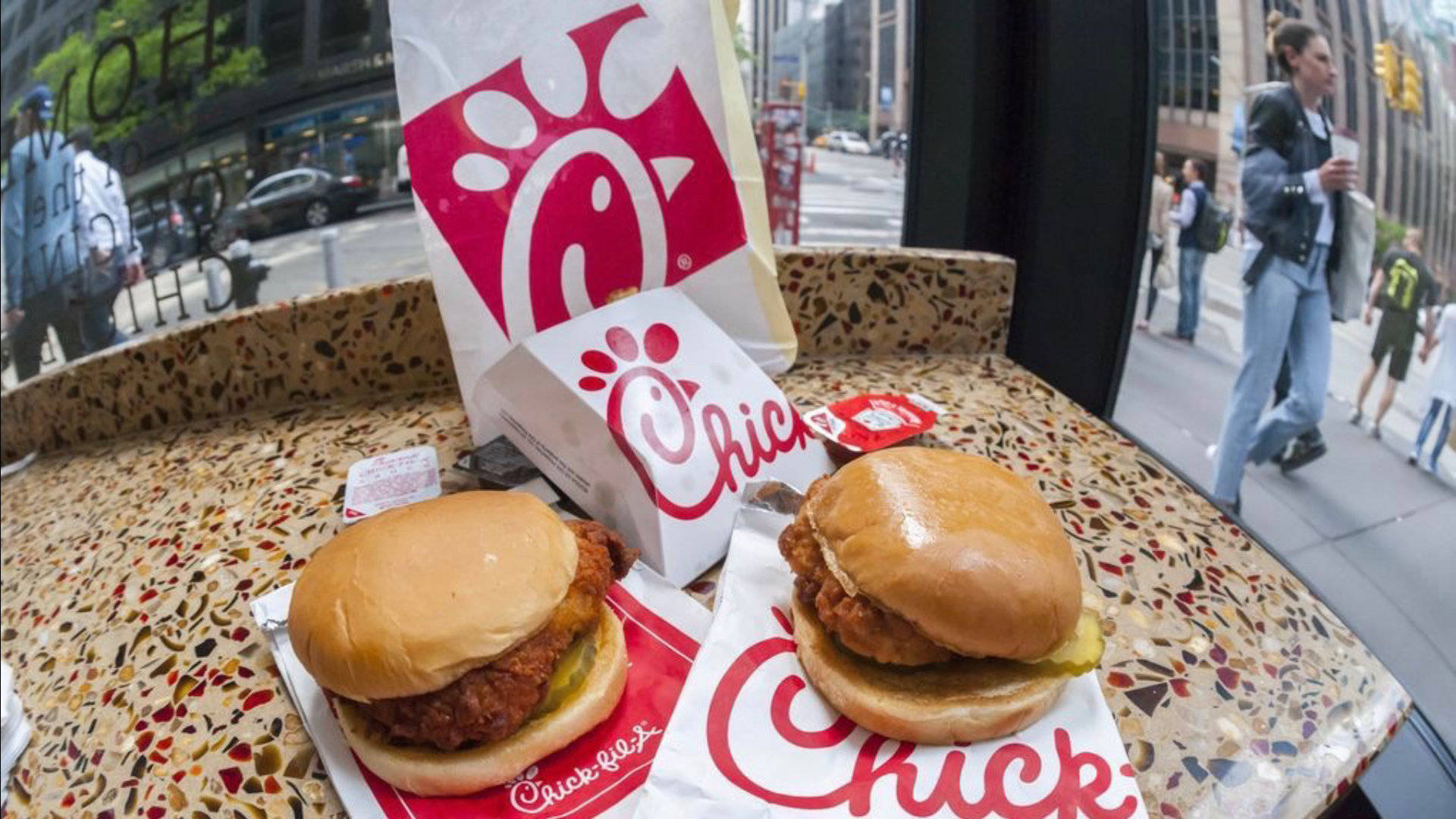 Chick-fil-A, crispy chicken sandwich, speckled tabletop, Full HD Desktop Wallpaper