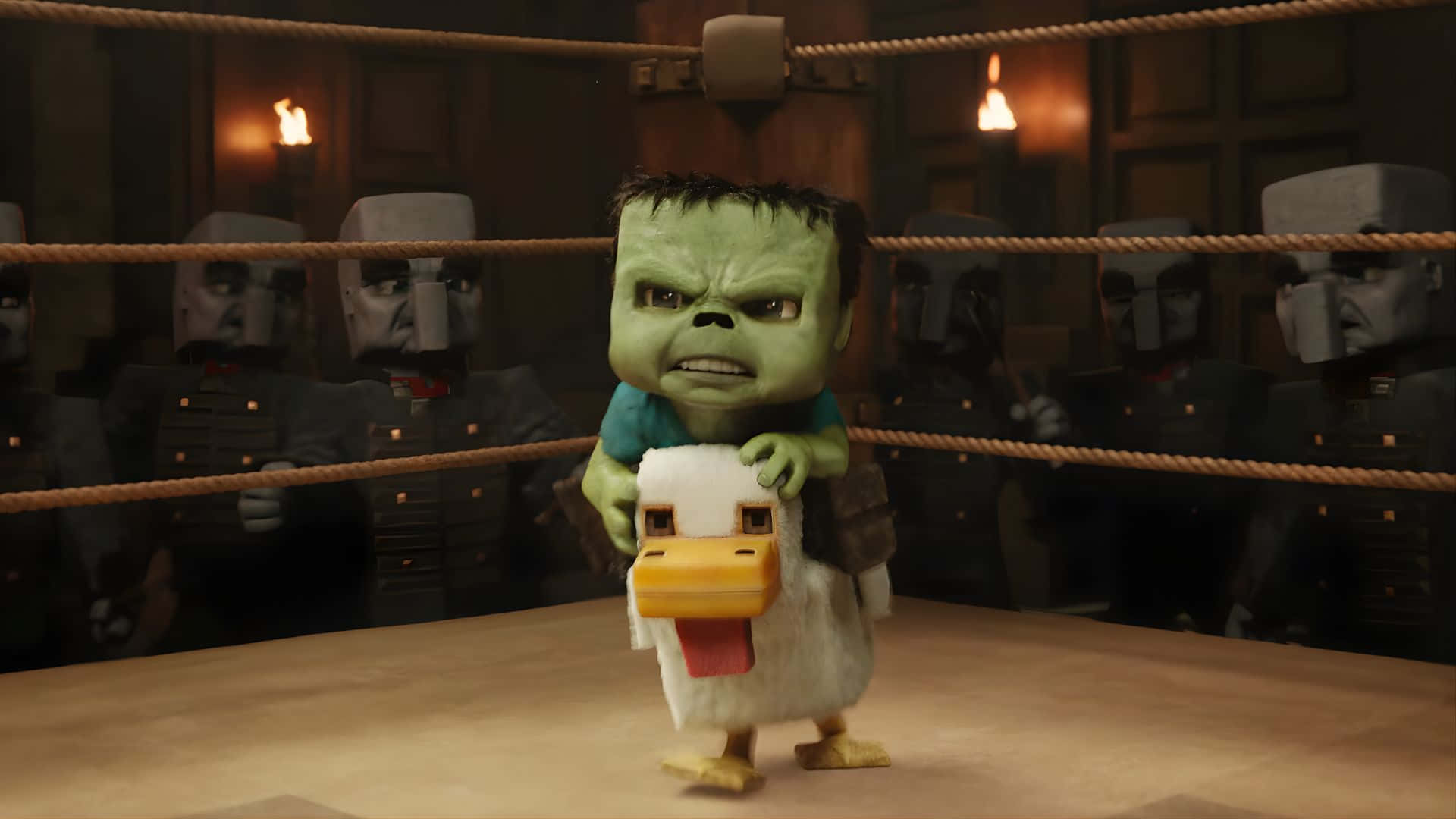 Chicken Jockey, wrestling ring, green-skinned cartoon monster, Full HD Desktop Wallpaper