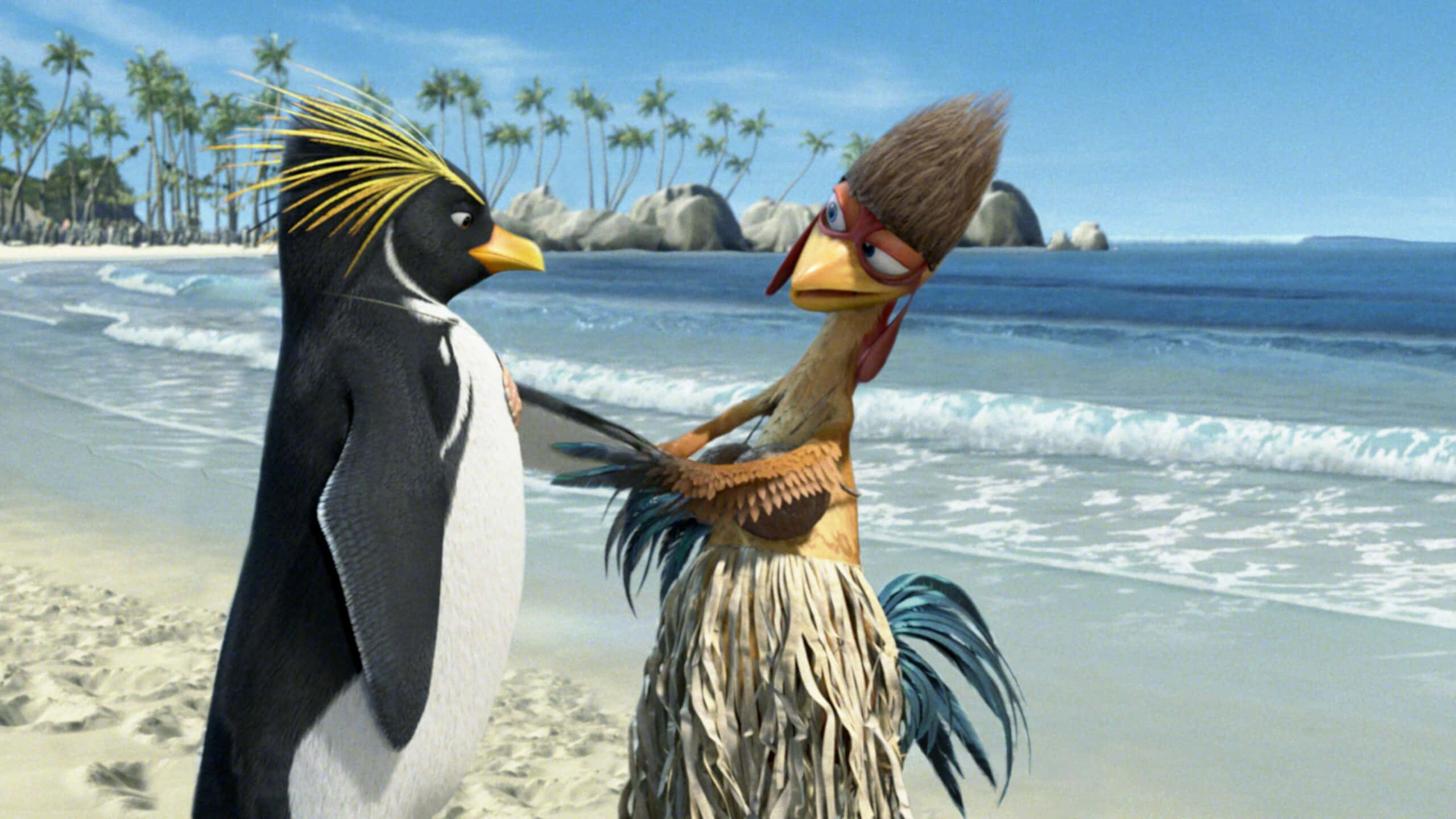 Chicken Joe, penguin, beach, 2K Desktop Wallpaper