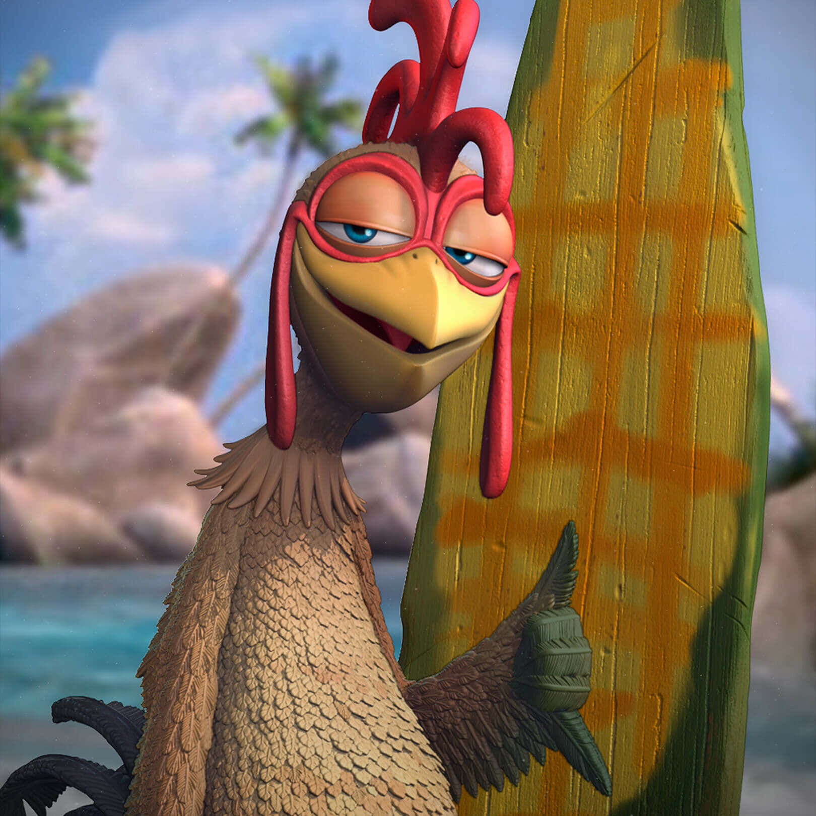 Chicken Joe, surfboard, tropical beach, HD Desktop Wallpaper