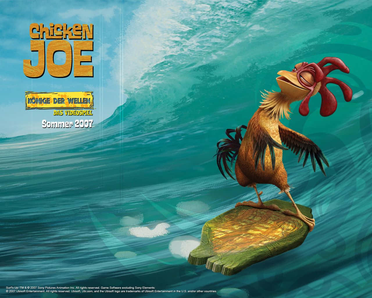 Chicken Joe, red comb, turtle shell surfboard, HD Desktop Wallpaper