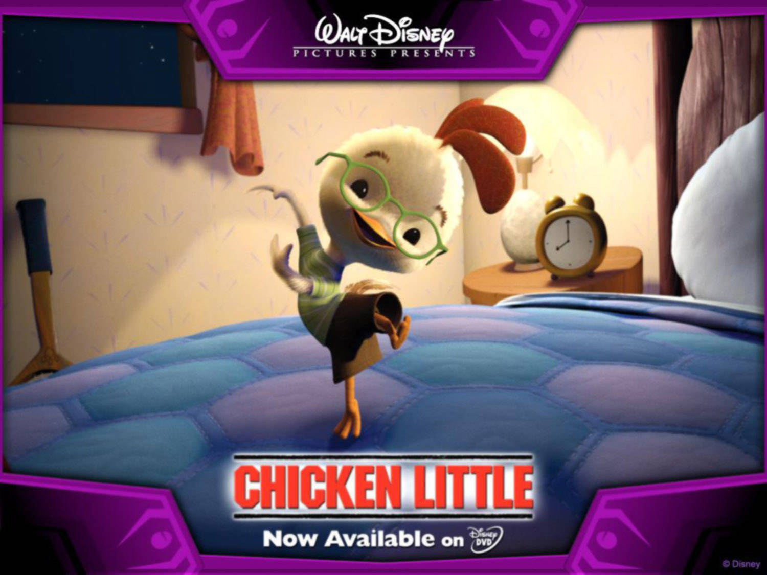 Chicken Little, glasses, blue quilted bed, HD Desktop Wallpaper