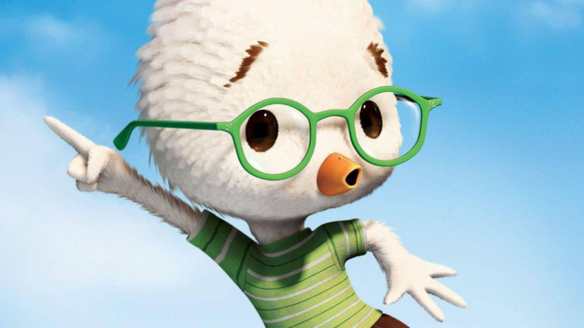 Chicken Little, fluffy white cartoon bird, green glasses, Full HD Desktop Wallpaper