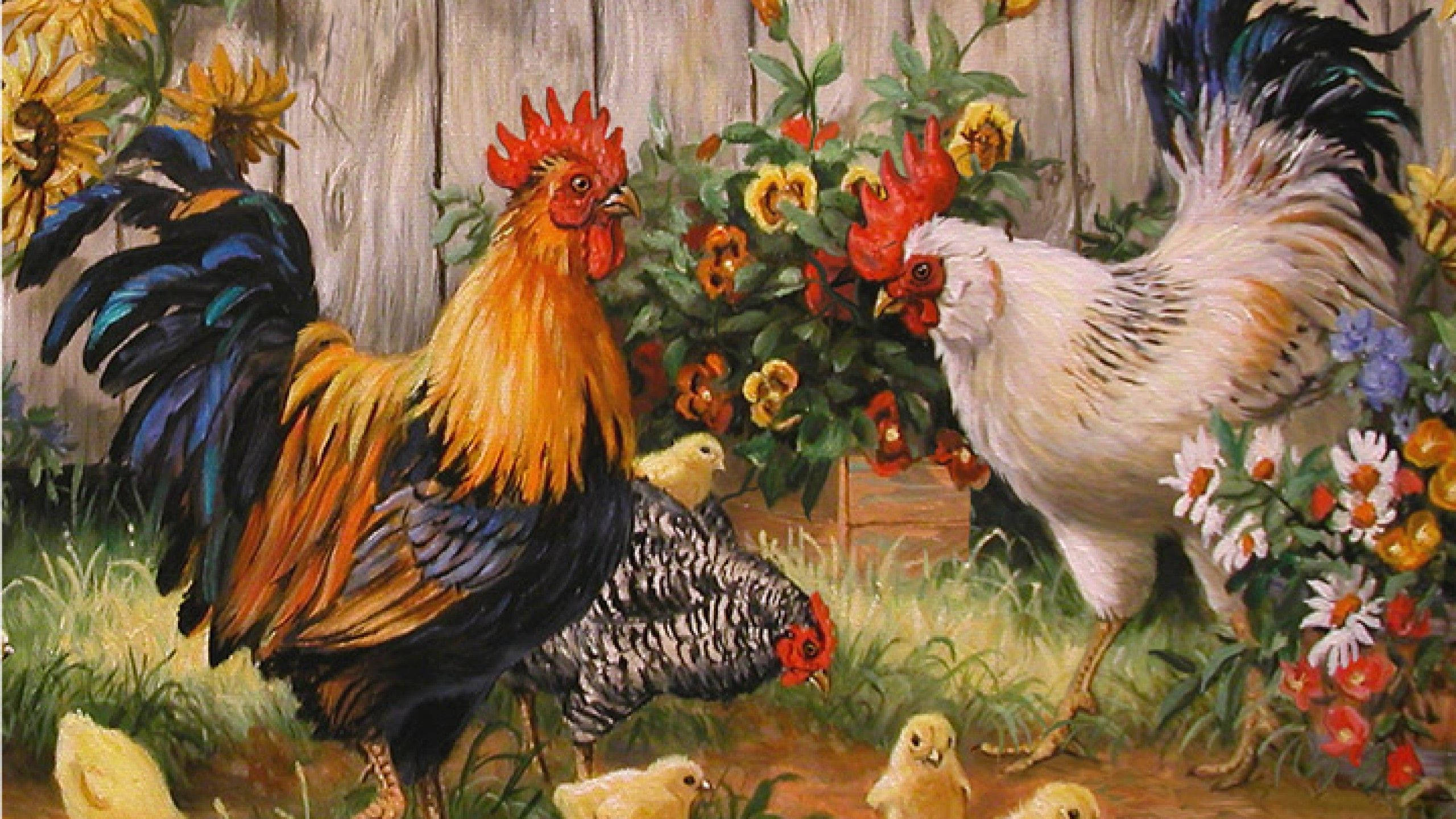 Chicken Little, oil painting, sunflowers, 2K Desktop Wallpaper