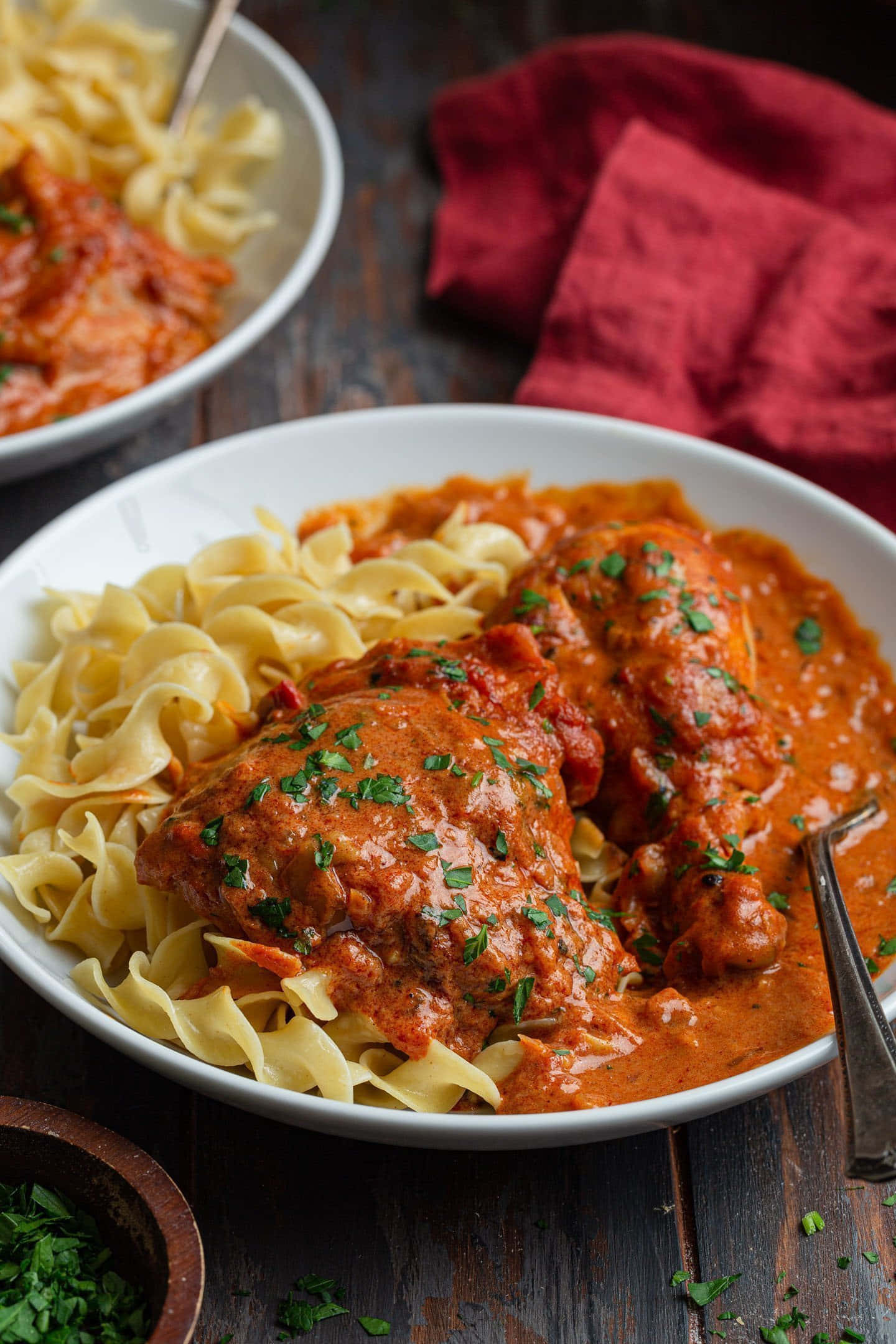 Creamy Hungarian Paprikás Csirke Bowl, tomato sauce, wide pasta, Full HD Phone Wallpaper