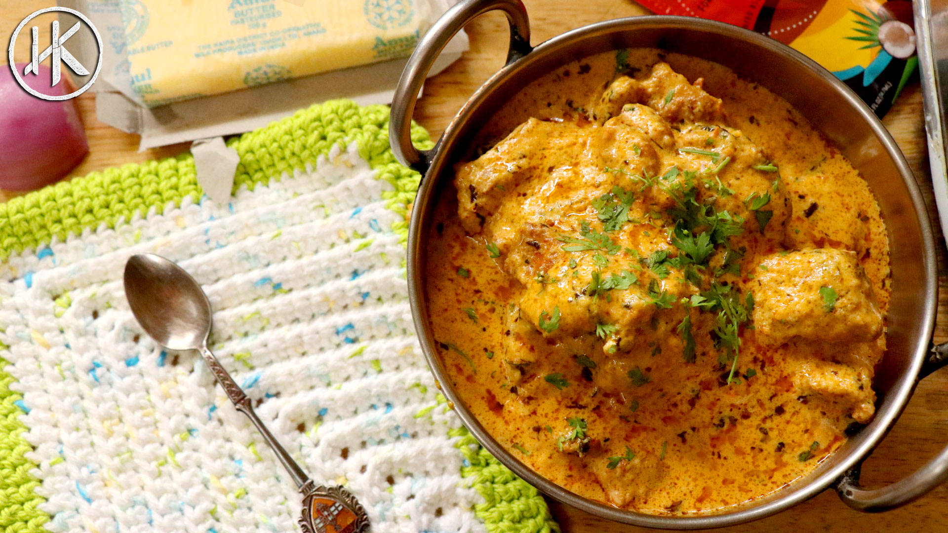 butter chicken curry, creamy yellow chicken curry, metal pot, Full HD Desktop Wallpaper