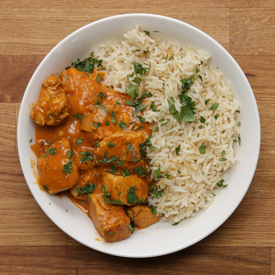 butter chicken, rice, white bowl, SD Desktop Wallpaper