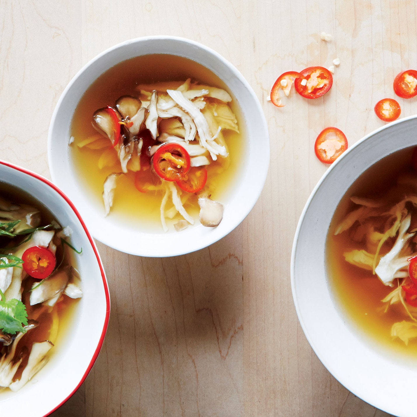 light brothy chicken soup, mushrooms, red chili slices, HD Desktop Wallpaper