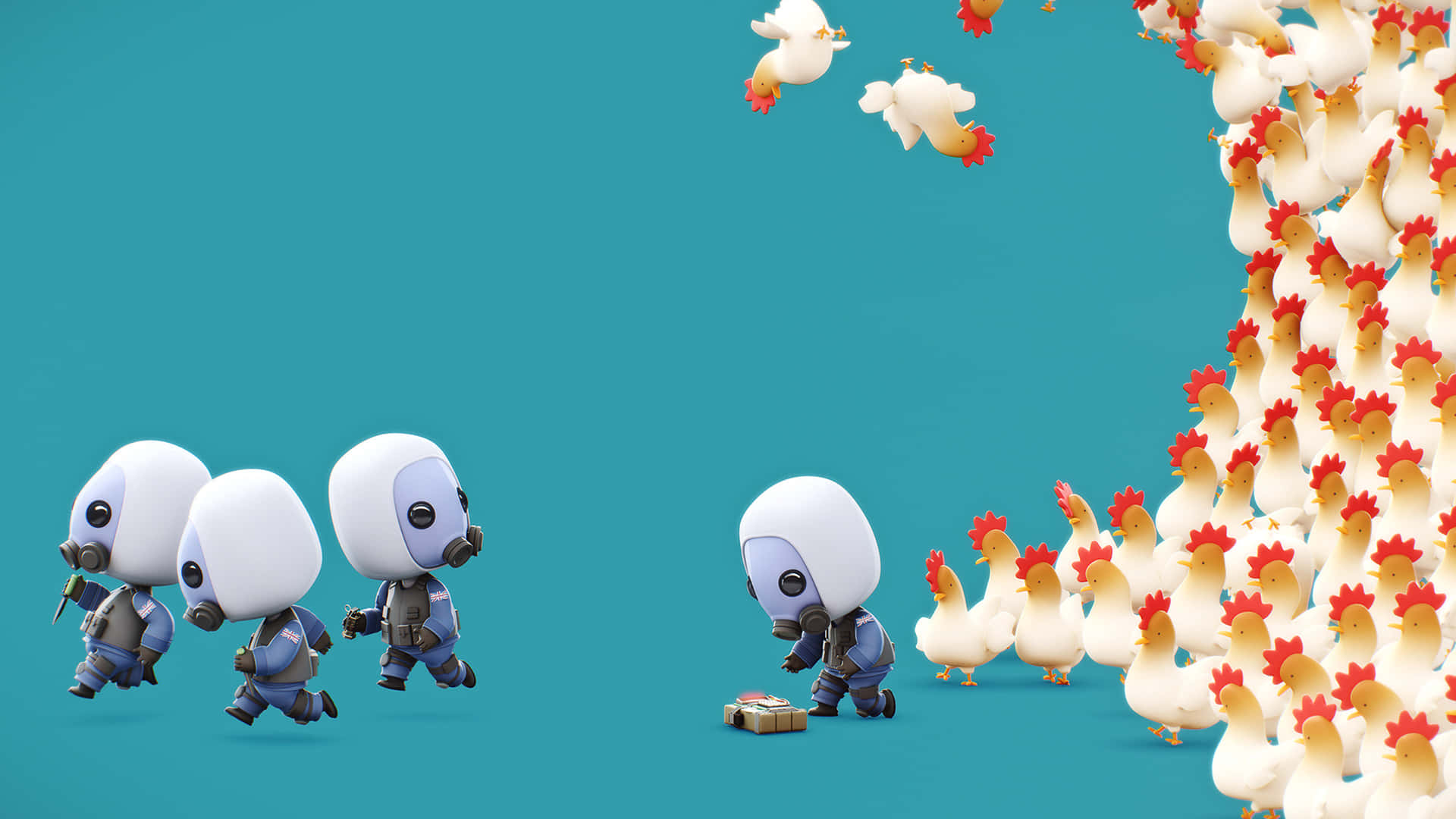 white-headed soldiers, blue gear, chaotic flock of white chickens, Full HD Desktop Wallpaper