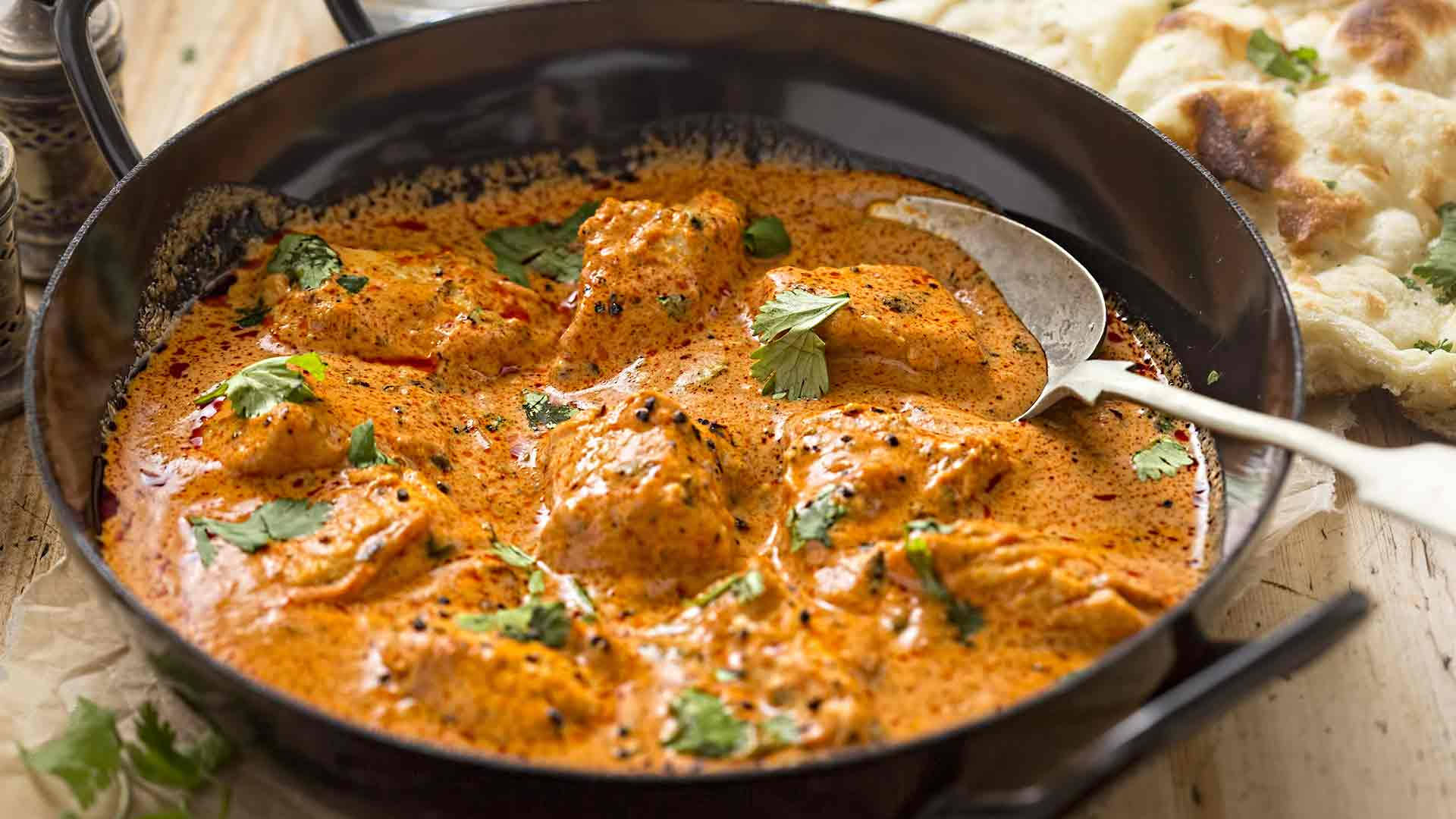 butter chicken, black pan, fresh cilantro, Full HD Desktop Wallpaper
