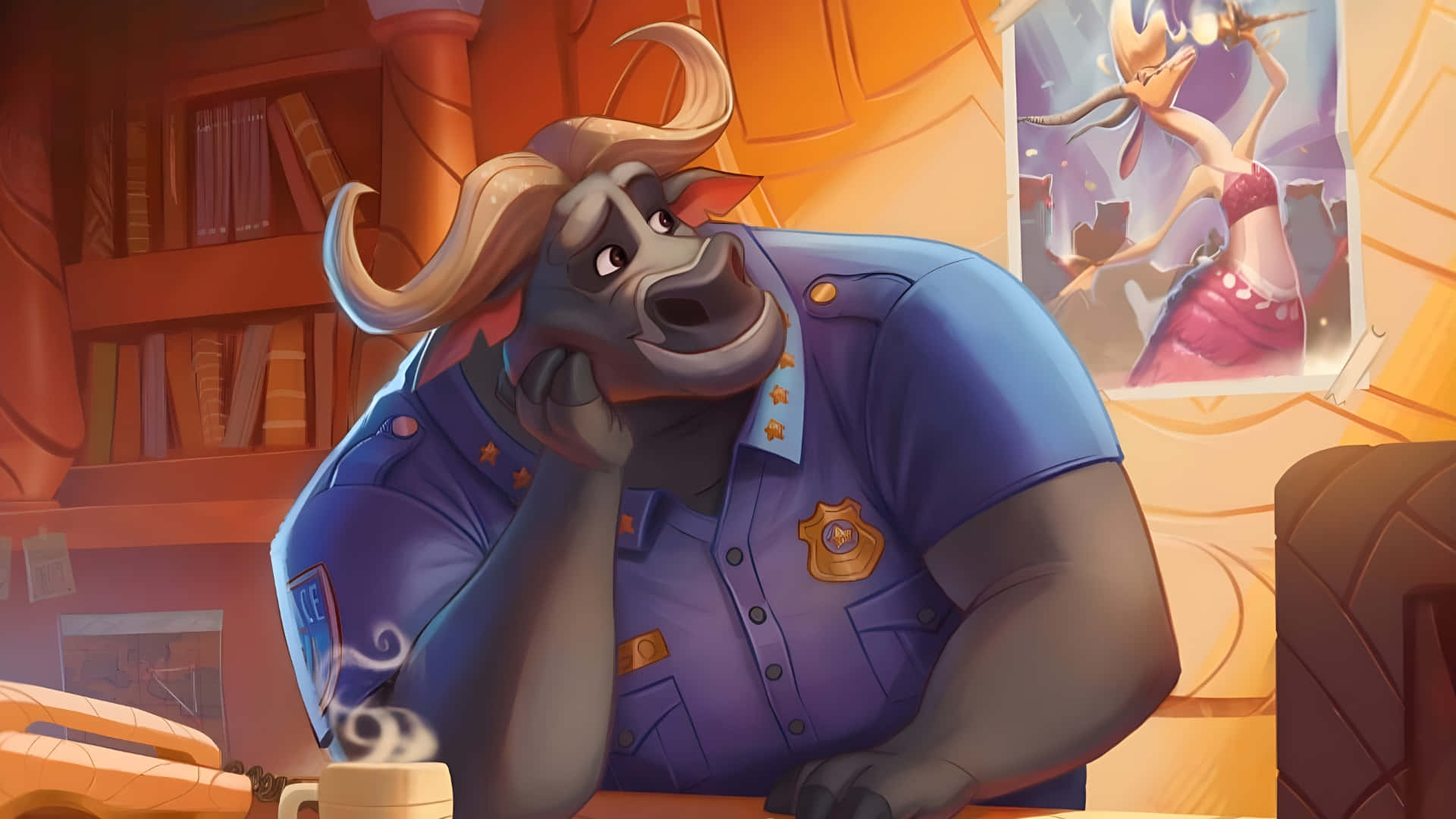 Chief Bogo, blue uniform, bookshelves, Full HD Desktop Wallpaper