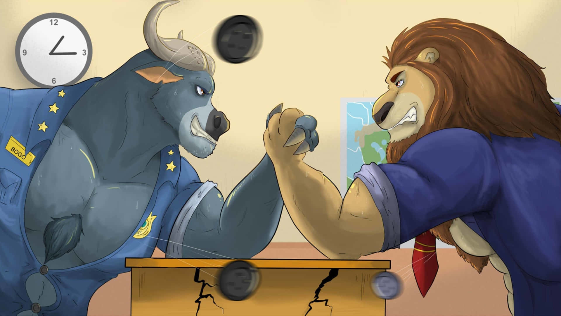 Chief Bogo, arm wrestling, blue uniforms, Full HD Desktop Wallpaper