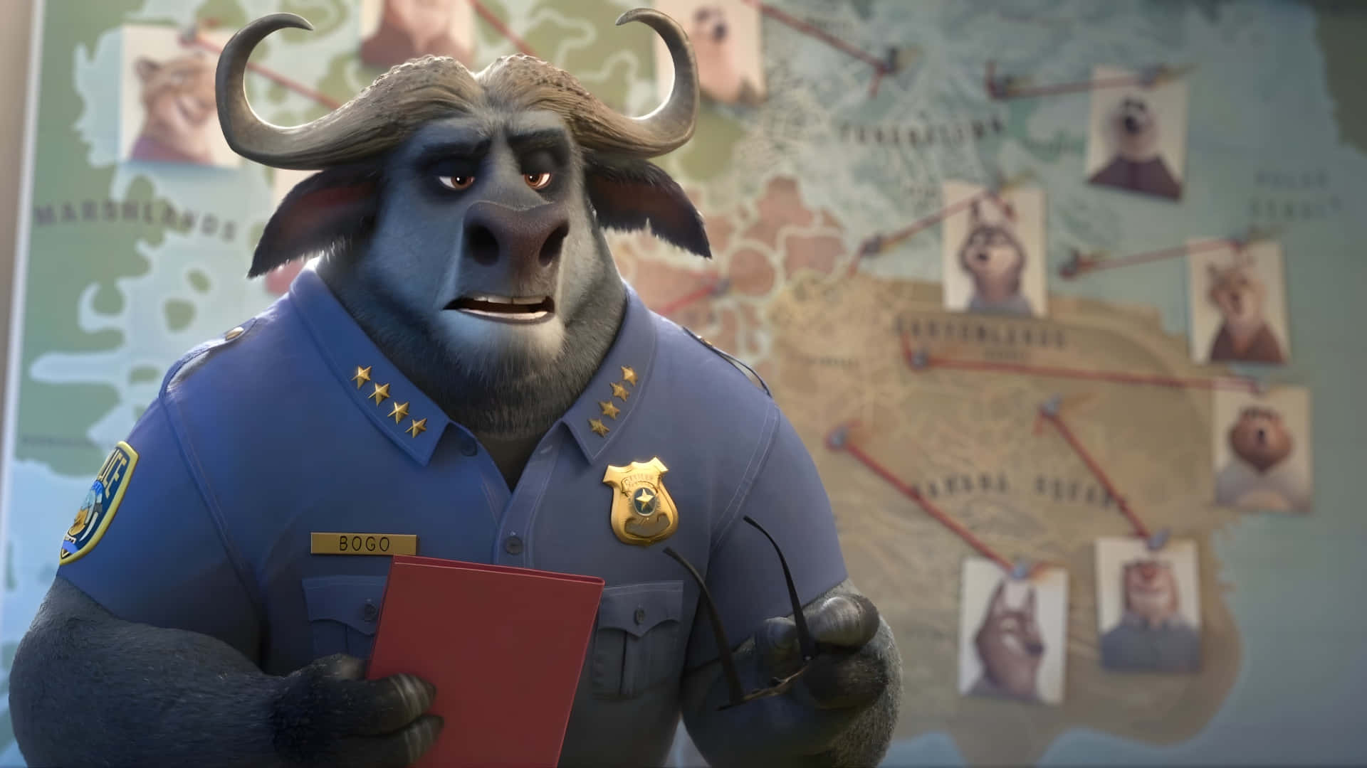 Chief Bogo, blue uniform, red folder, Full HD Desktop Wallpaper