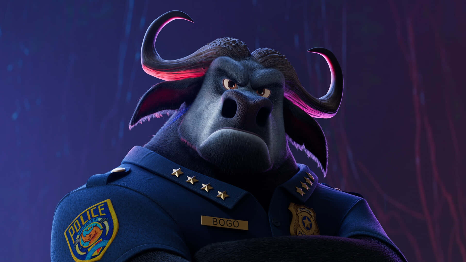 Chief Bogo, glowing pink horns, dark purple forest, Full HD Desktop Wallpaper