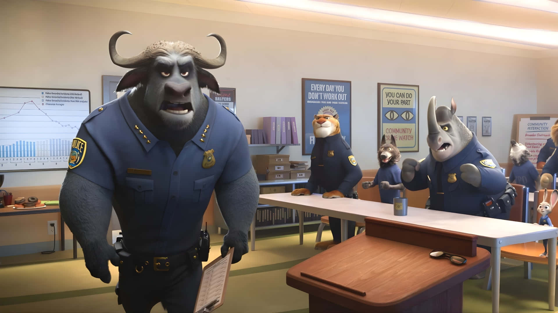 Chief Bogo, police station office, angry buffalo police officer, Full HD Desktop Wallpaper
