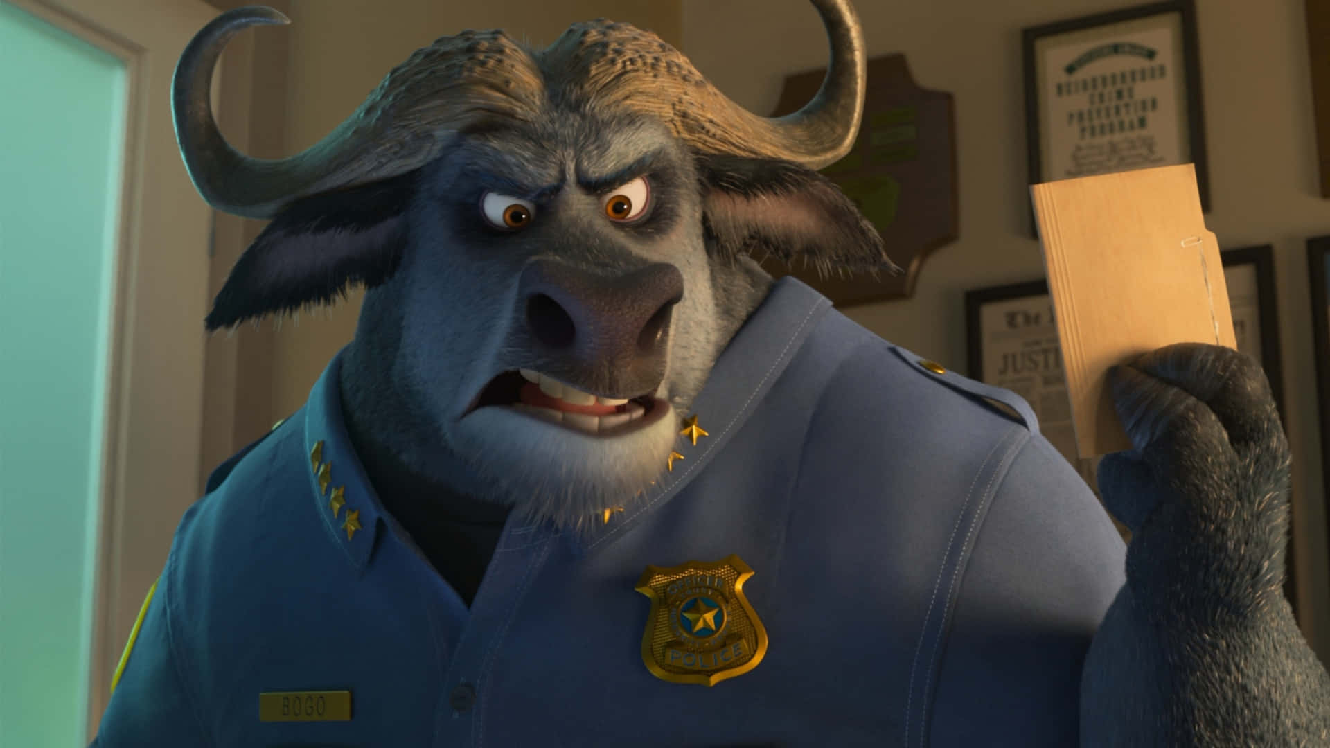 Chief Bogo, animated buffalo police officer, blue uniform, Full HD Desktop Wallpaper