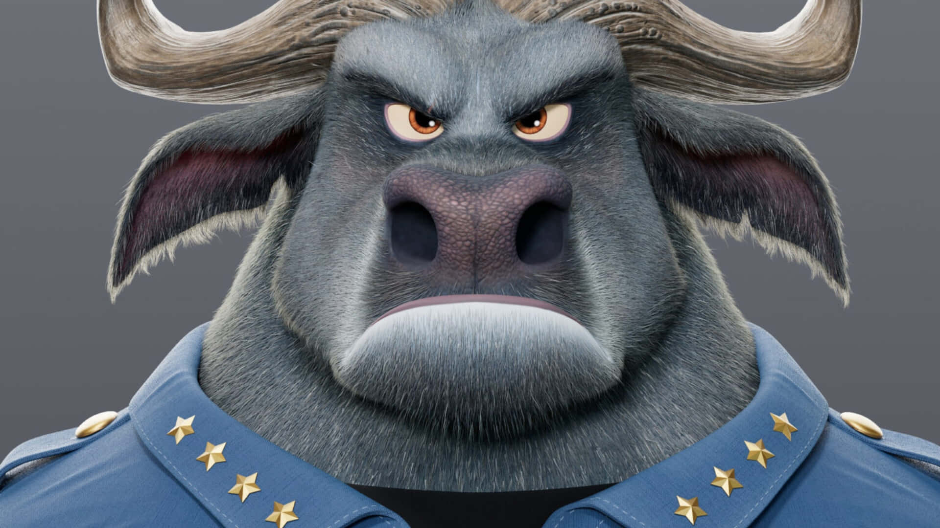 Chief Bogo, gray animated bull, large horns, Full HD Desktop Wallpaper