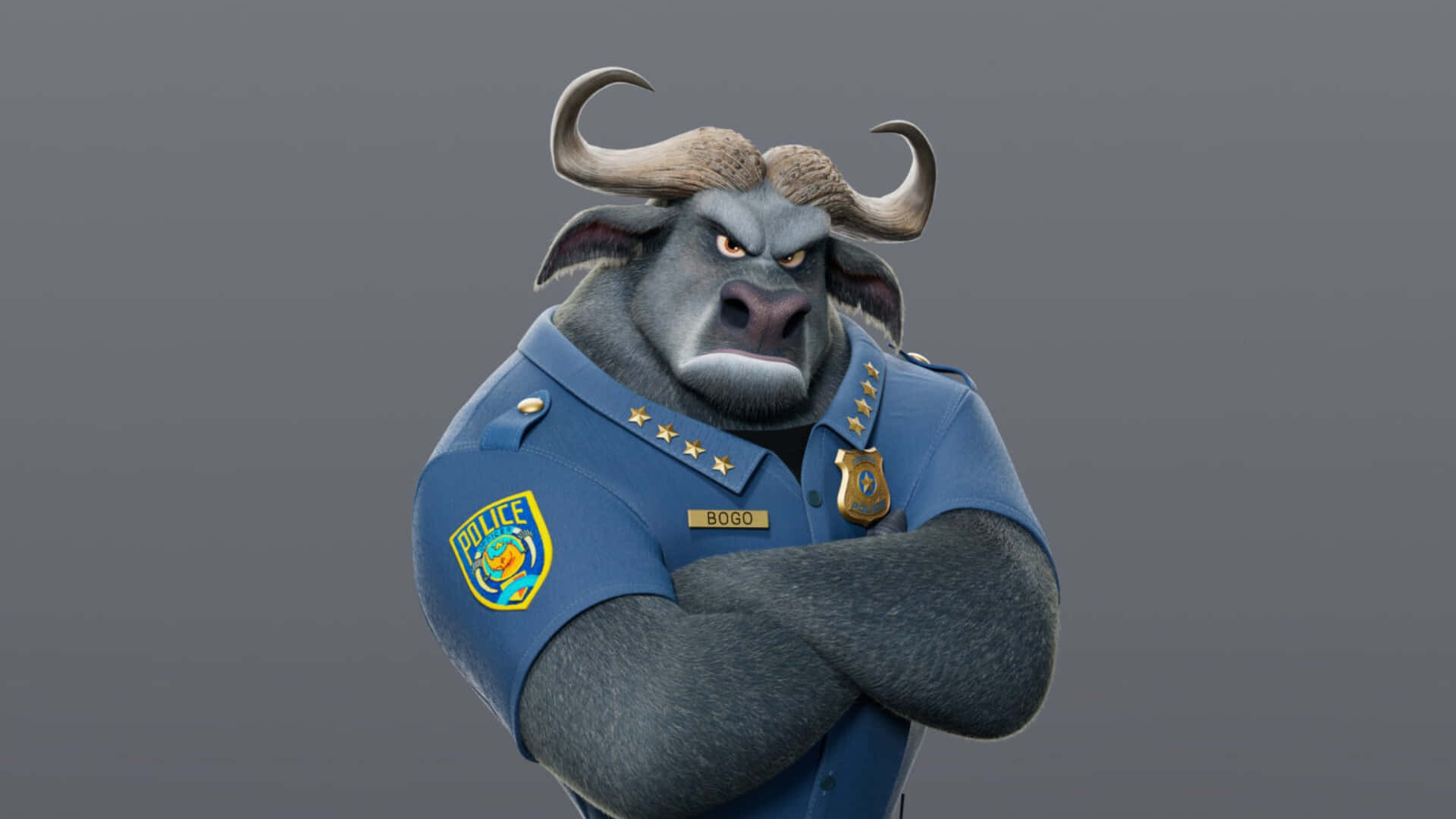 Chief Bogo, animated buffalo police officer, curved horns, Full HD Desktop Wallpaper