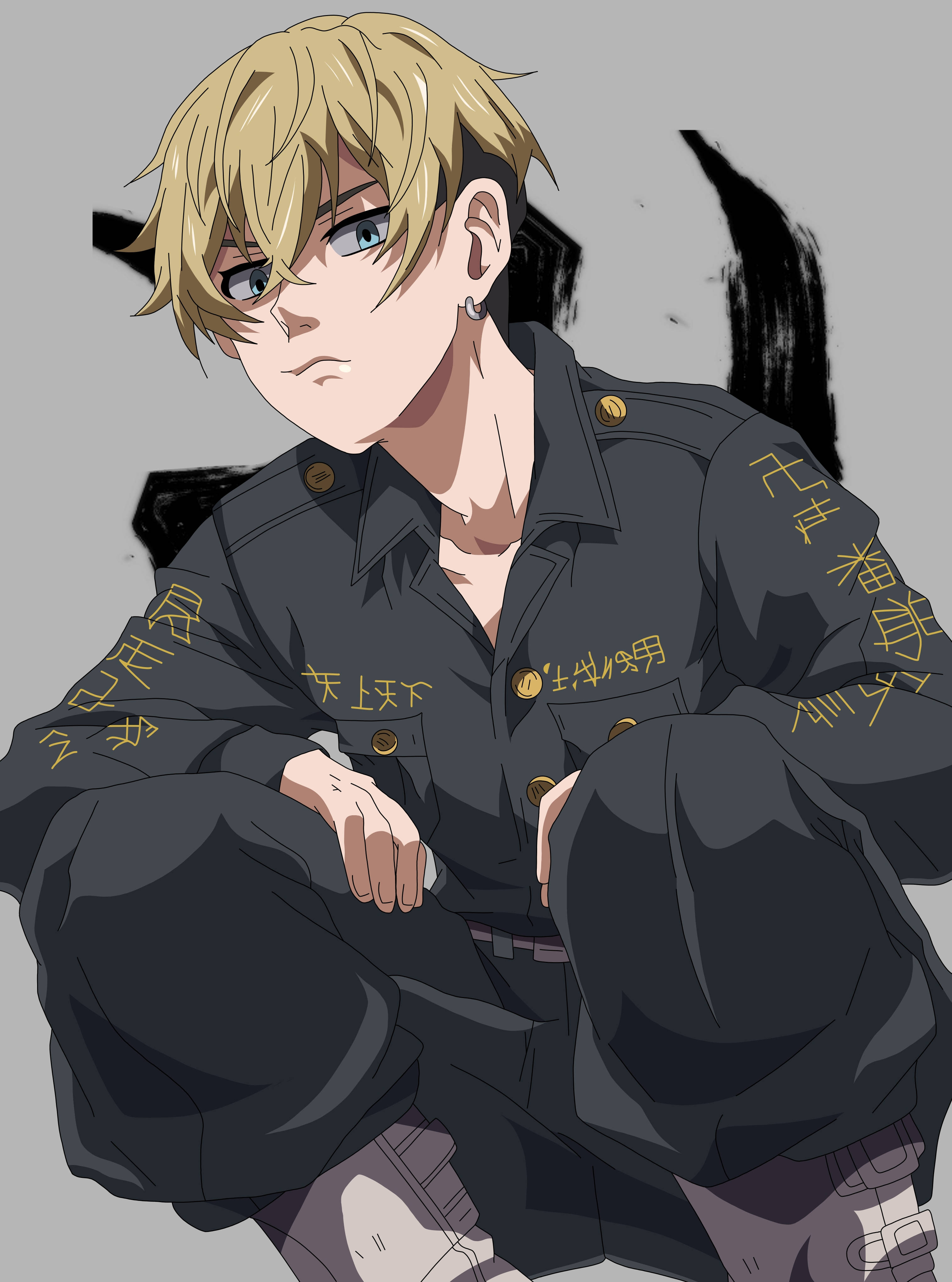 Chifuyu Matsuno, blonde anime boy, dark military-style jacket, 4K Phone Wallpaper