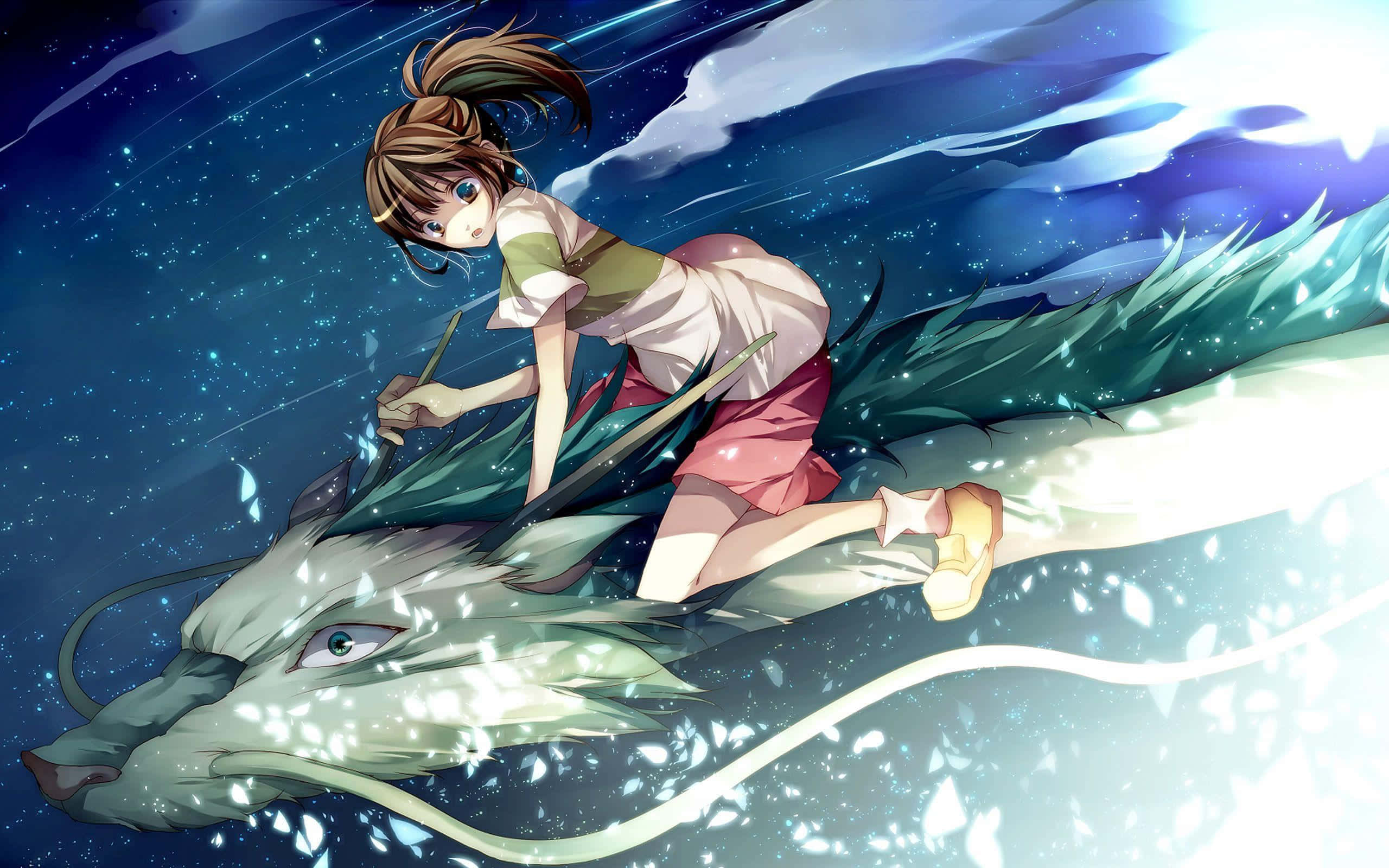 Chihiro Ogino, glowing green dragon, starry night sky, 2K Desktop Wallpaper