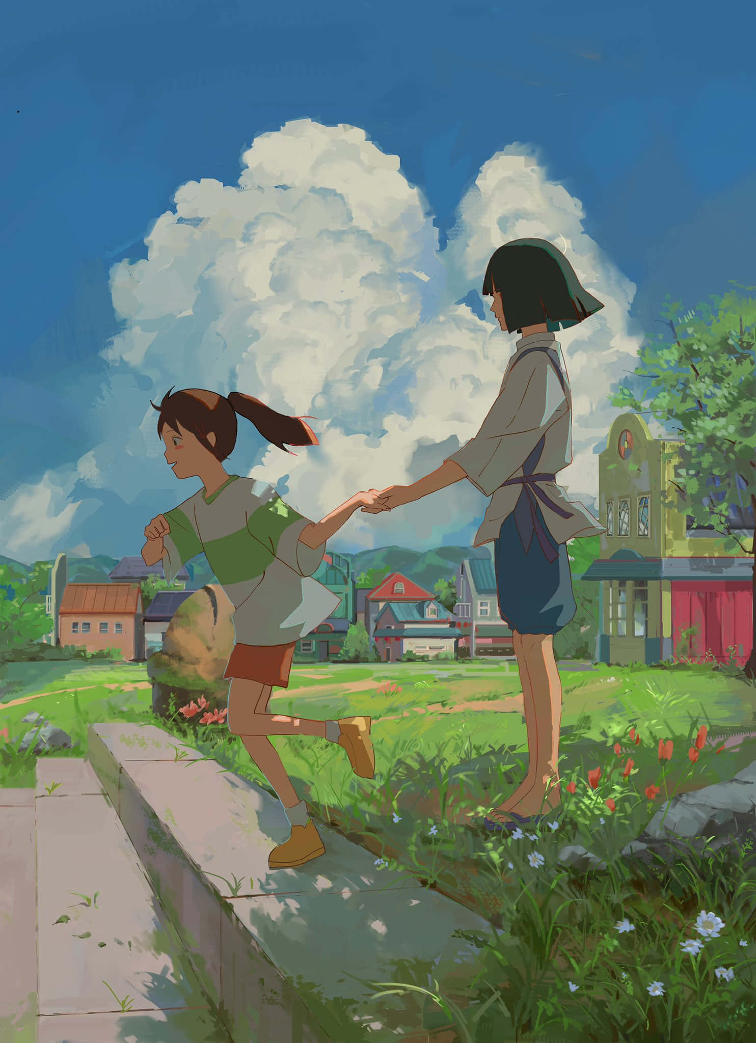 Chihiro Ogino, friend, sunlit village field, Full HD Phone Wallpaper