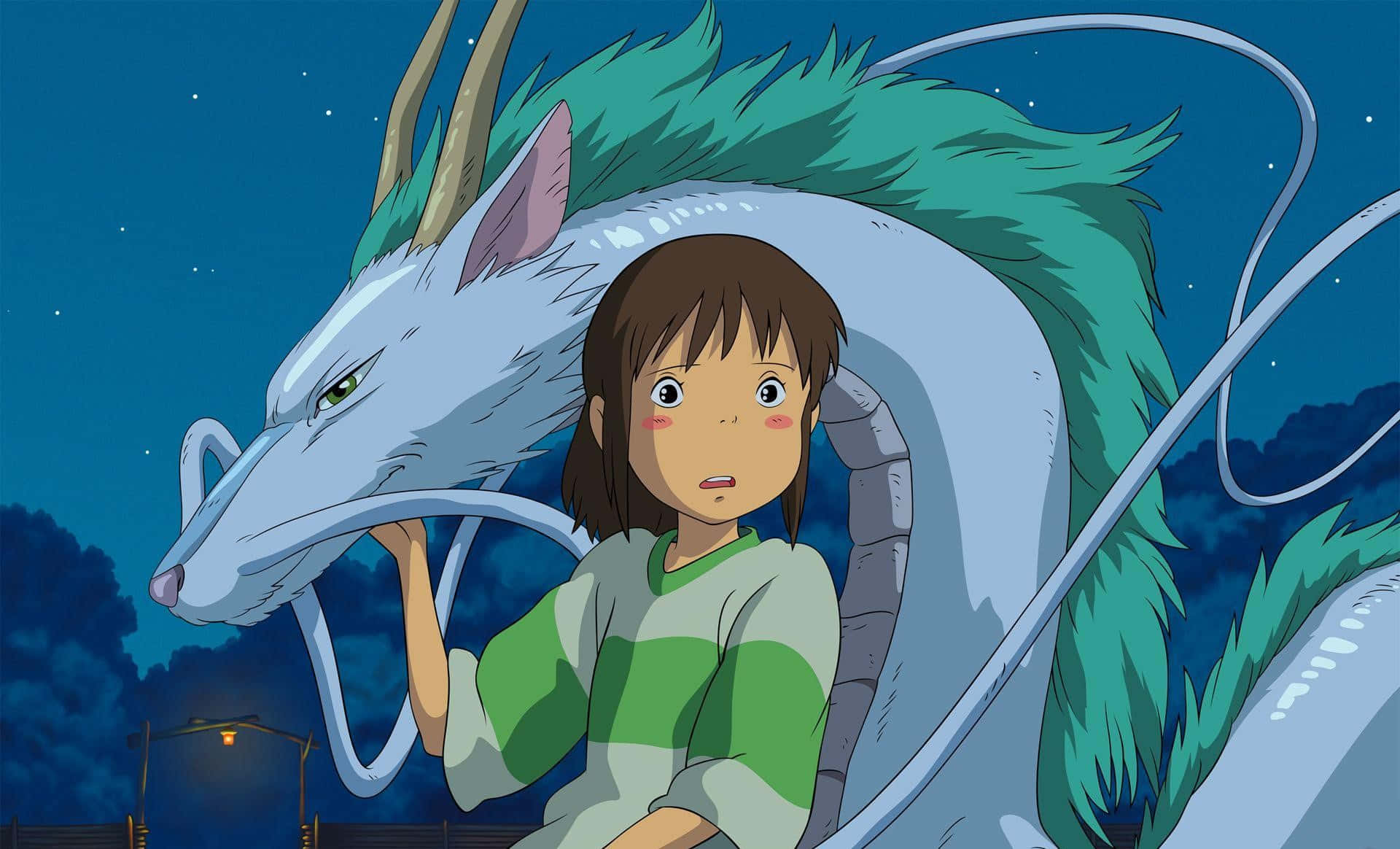 Chihiro Ogino, white dragon, green mane, Full HD Desktop Wallpaper