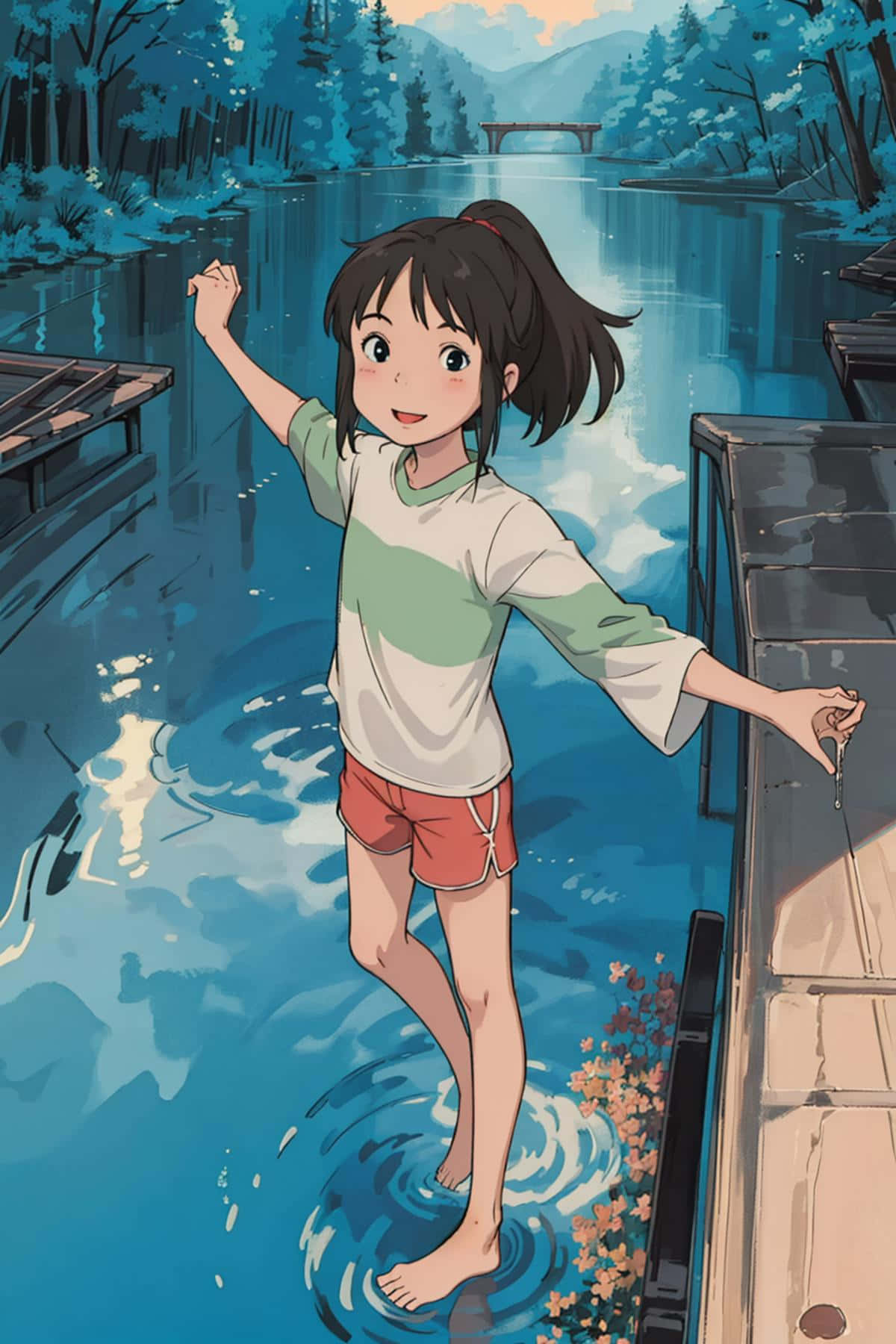 Chihiro Ogino, riverside, wooden dock, HD Phone Wallpaper