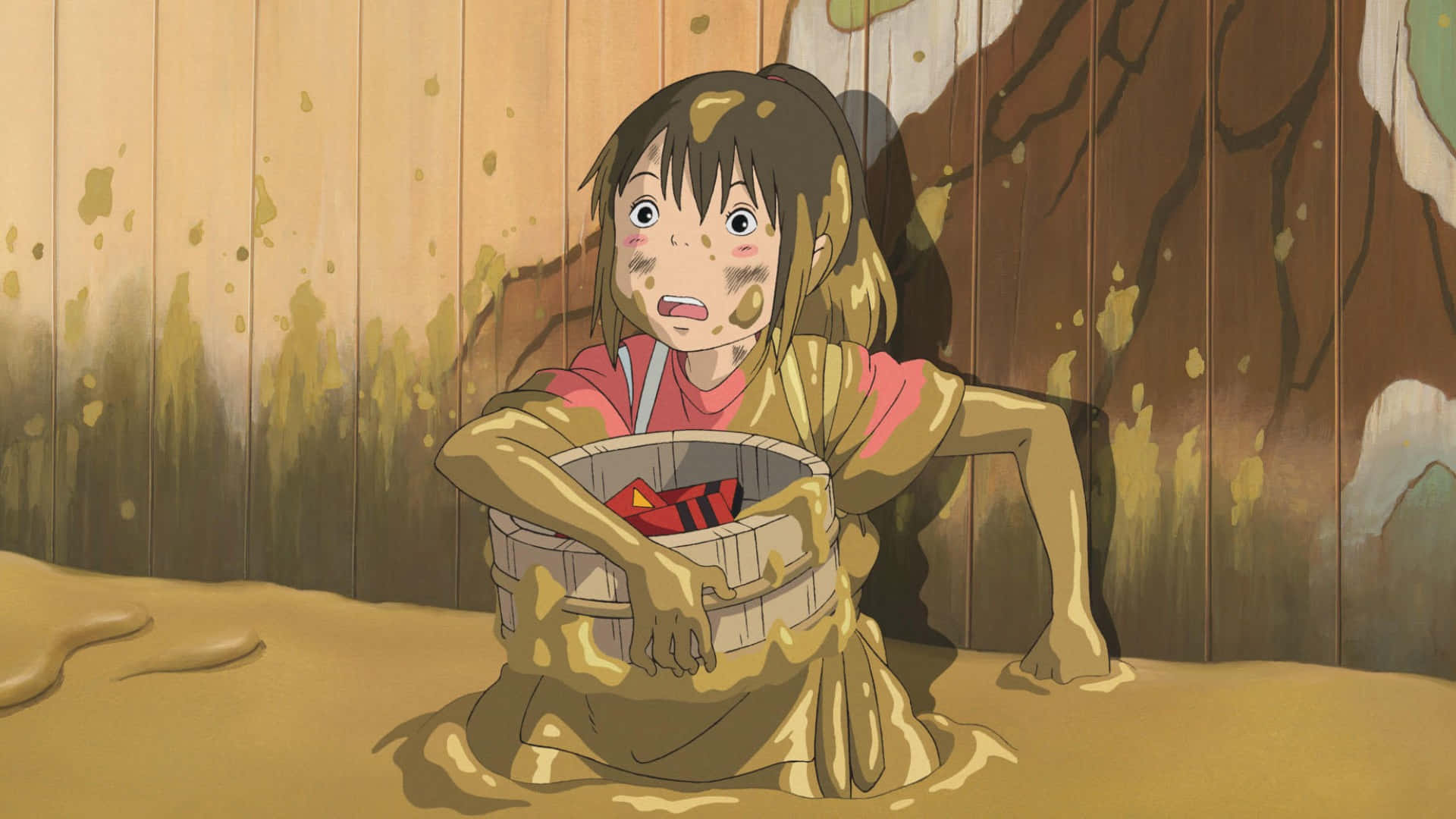 Chihiro Ogino, bathhouse floor, wooden tub, Full HD Desktop Wallpaper