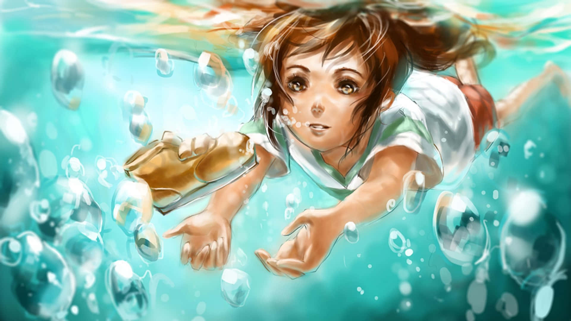 Chihiro Ogino, underwater, turquoise water, Full HD Desktop Wallpaper
