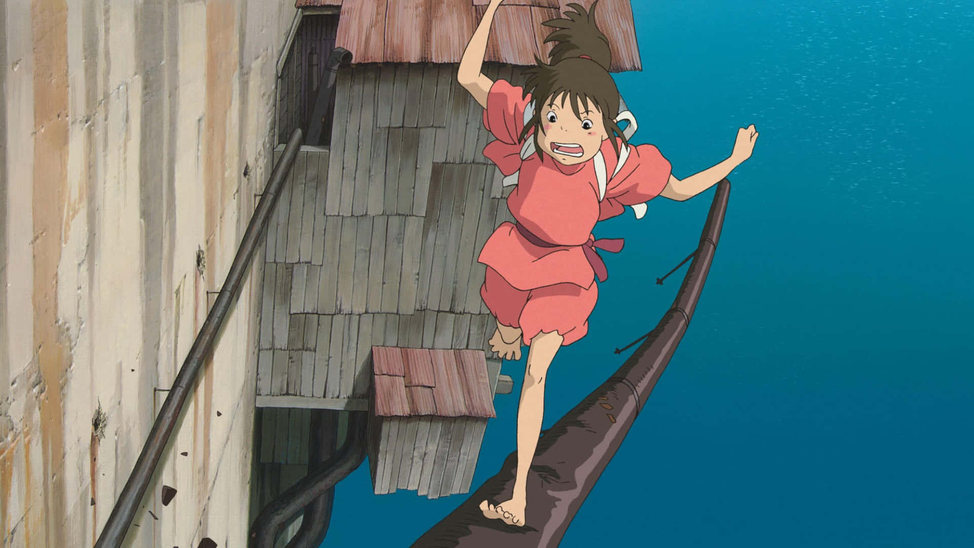 Chihiro Ogino, red kimono, wooden boat, Full HD Desktop Wallpaper