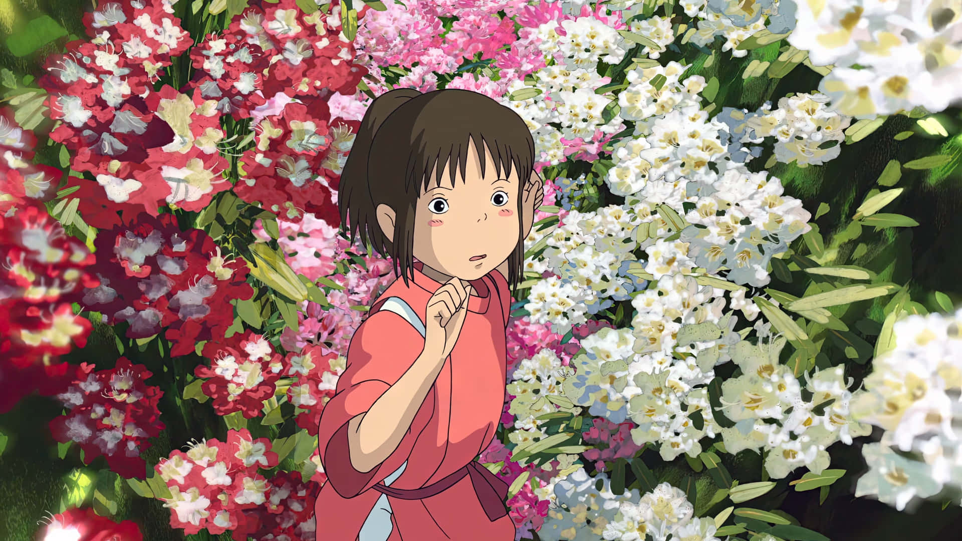 Chihiro Ogino, red kimono, vibrant garden, Full HD Desktop Wallpaper
