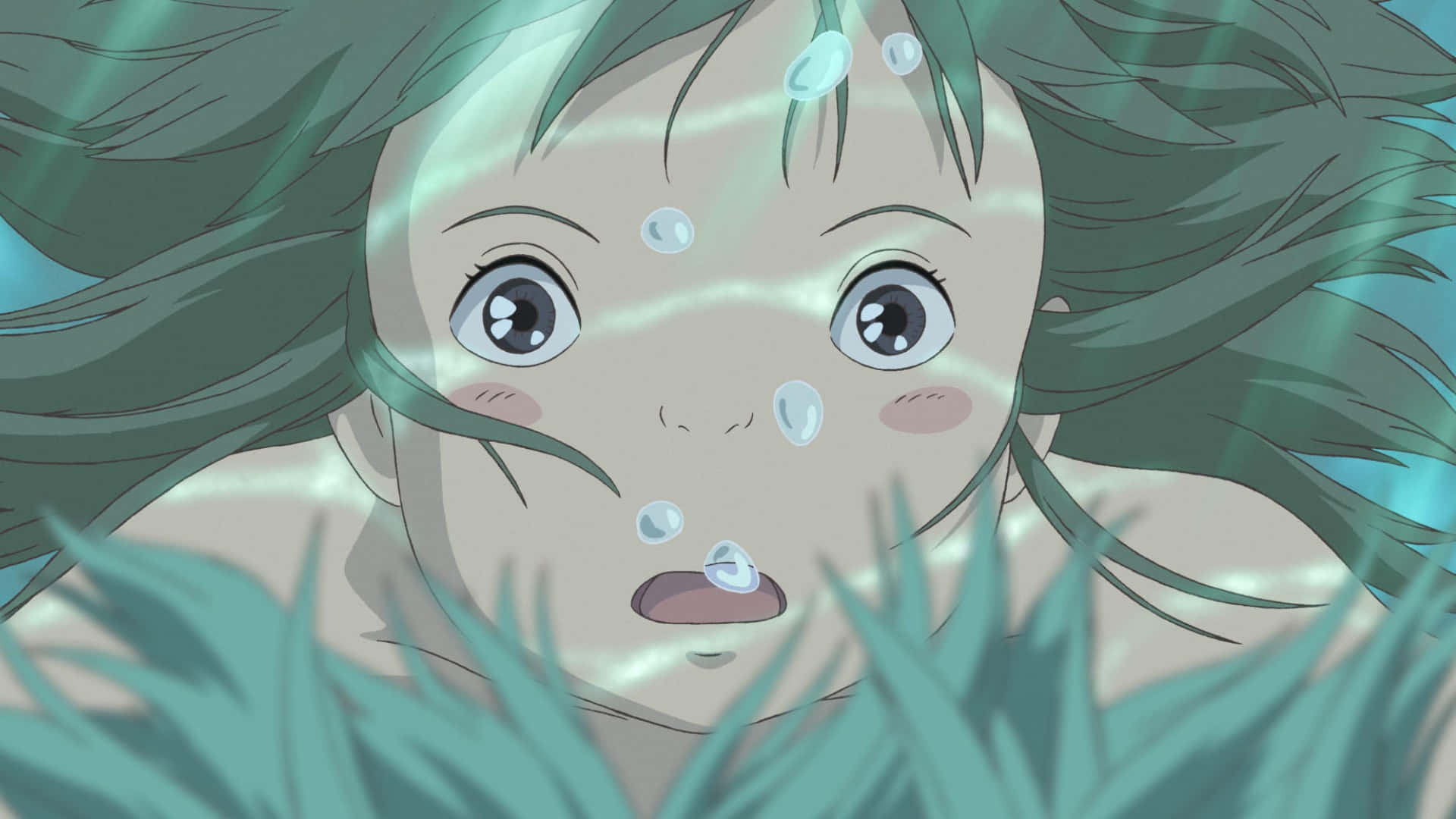 Chihiro Ogino, teal hair, underwater, Full HD Desktop Wallpaper