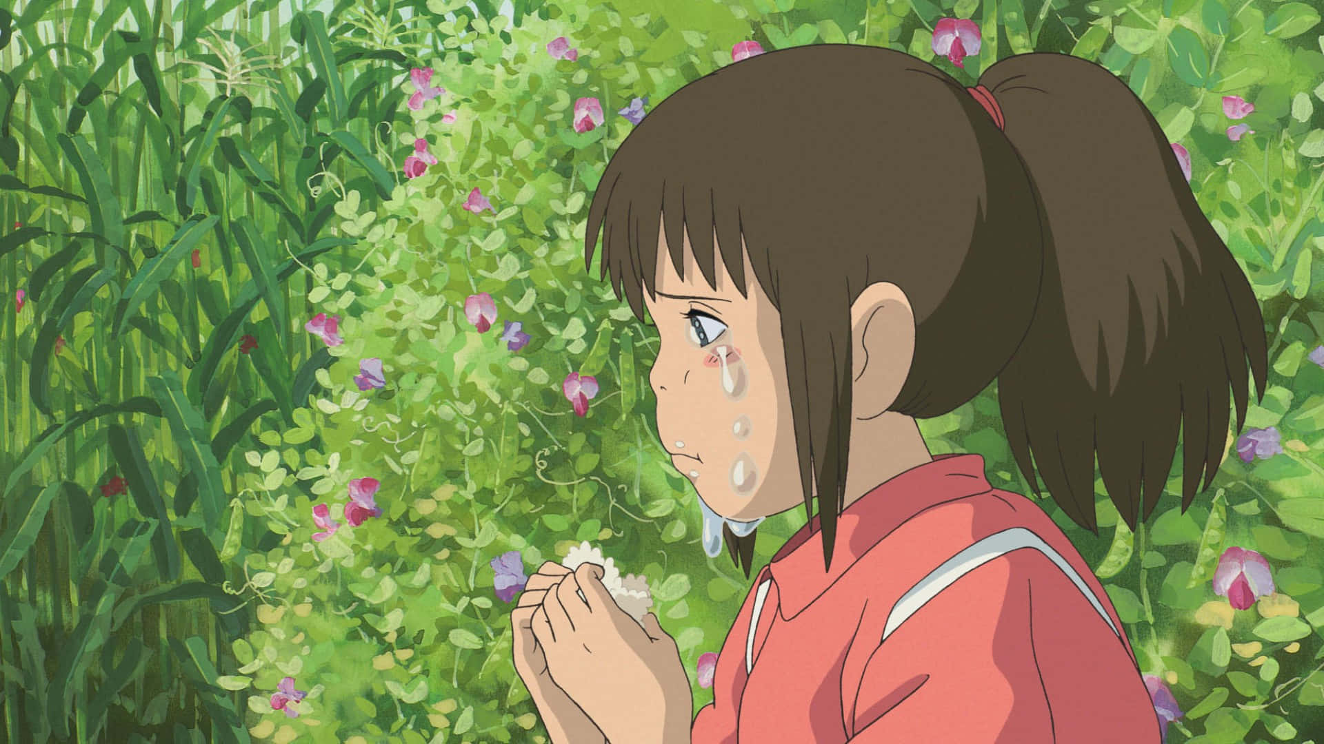 Chihiro Ogino, brown pigtails, white flower, Full HD Desktop Wallpaper