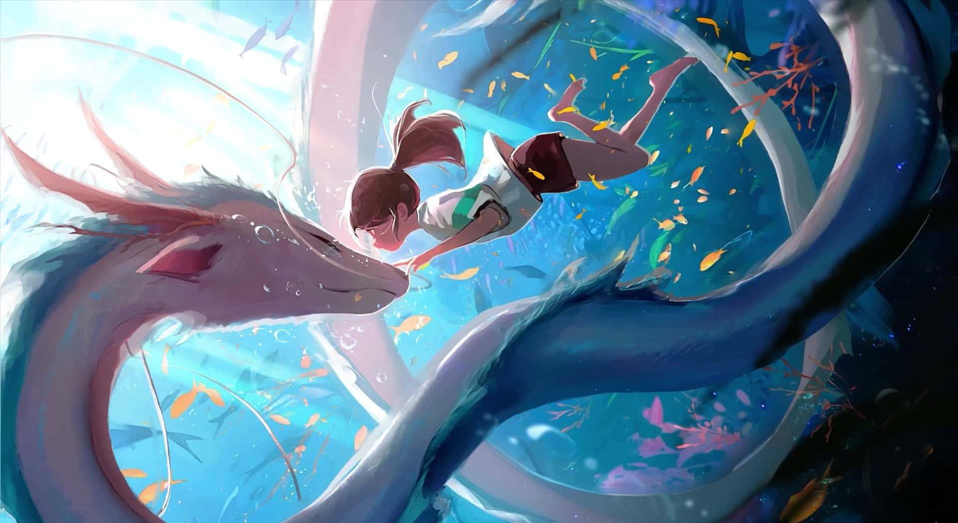 Chihiro Ogino, white dragon, underwater tunnel, Full HD Desktop Wallpaper