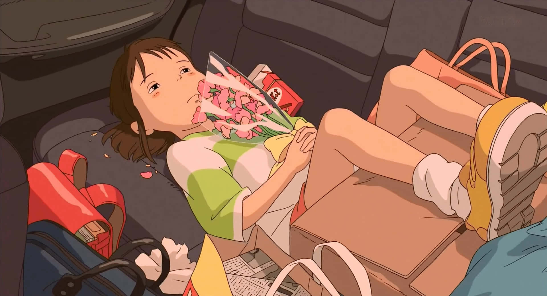 Chihiro Ogino, car backseat, pink flowers, Full HD Desktop Wallpaper
