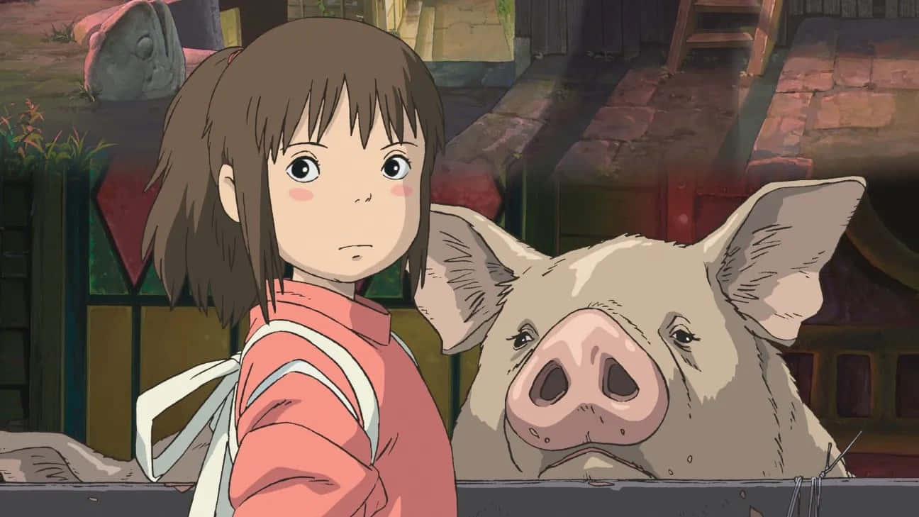 Chihiro Ogino, pink kimono, large pig, HD Desktop Wallpaper