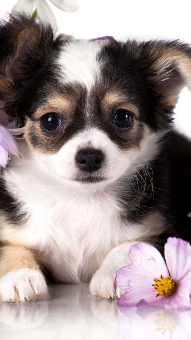 baby black white chihuahua dog, black white and tan puppy, big dark eyes, SD Phone Wallpaper