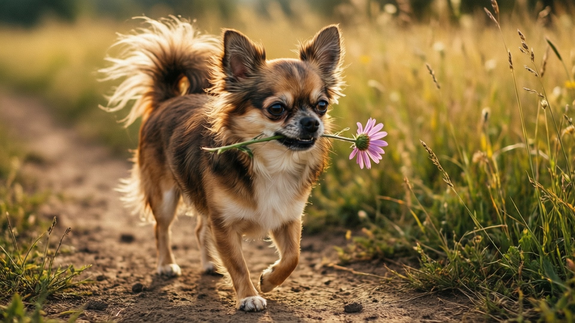 Chihuahua, purple flower, dirt path, Full HD Desktop Wallpaper