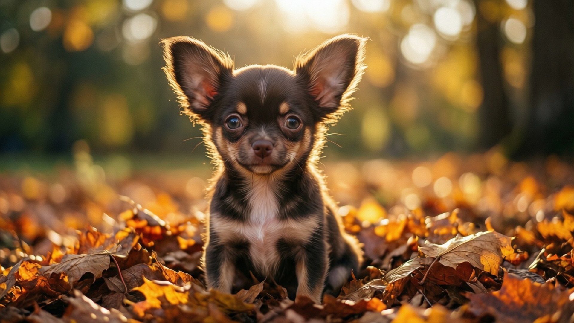 autumn chihuahua puppy, black and tan chihuahua puppy, golden autumn leaves, Full HD Desktop Wallpaper