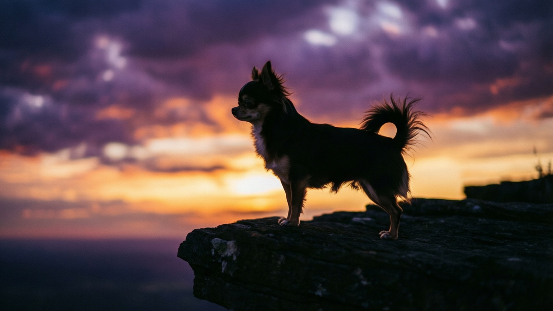 chihuahua, rocky cliff, purple and orange sunset sky, Full HD Desktop Wallpaper